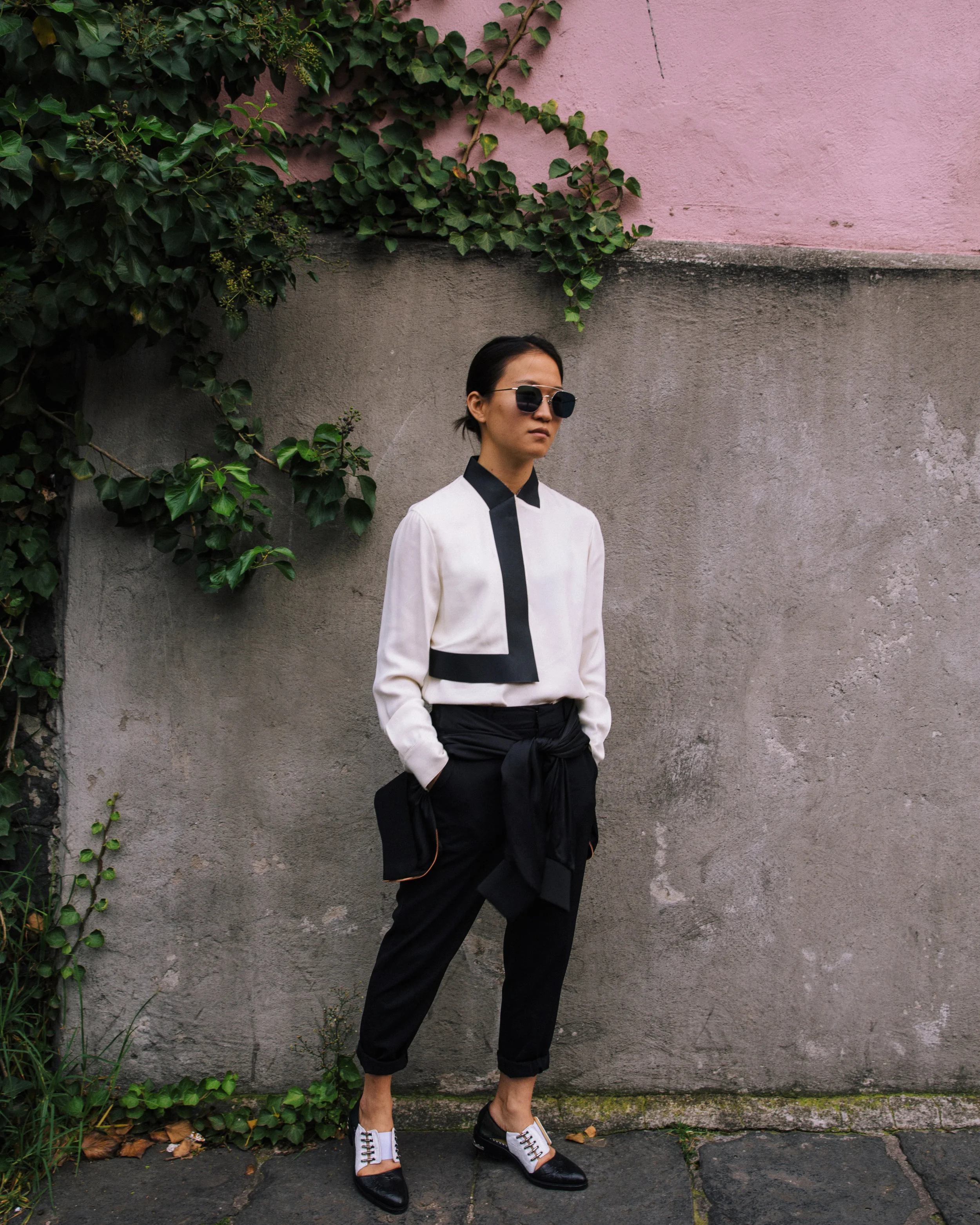 alexander wang blouse, steven alan trousers, zara cropped satin jacket (on waist), toga cut out shoes, ahlem sunglasses | photo by Daniel Han