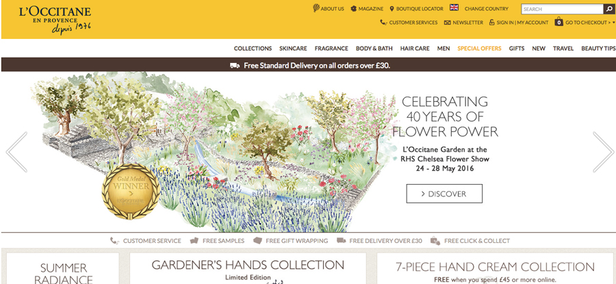 L'Occitanes website header featuring Willa Gebbie garden illustration