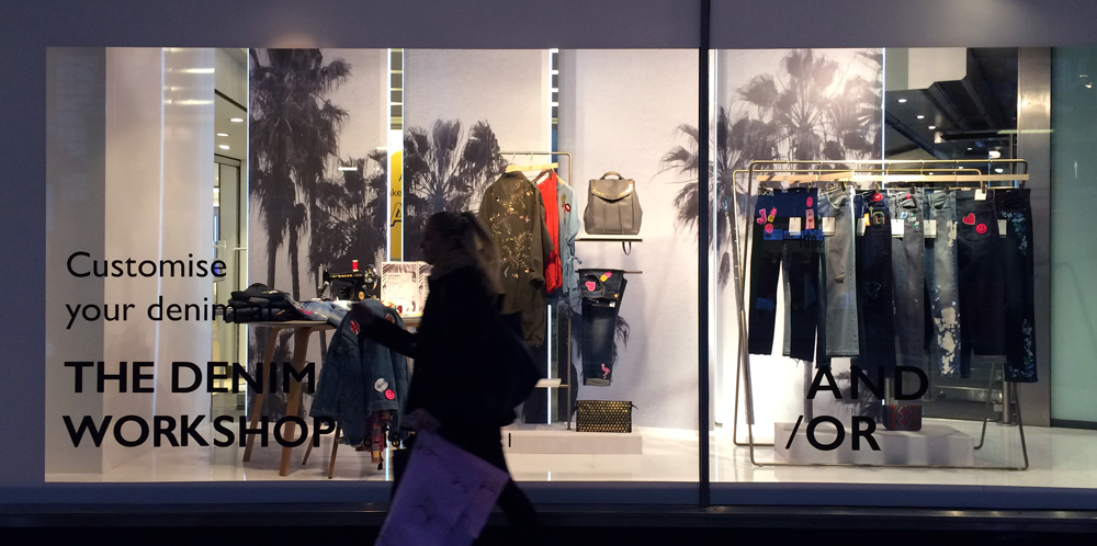 customised denim in the window at John Lewis