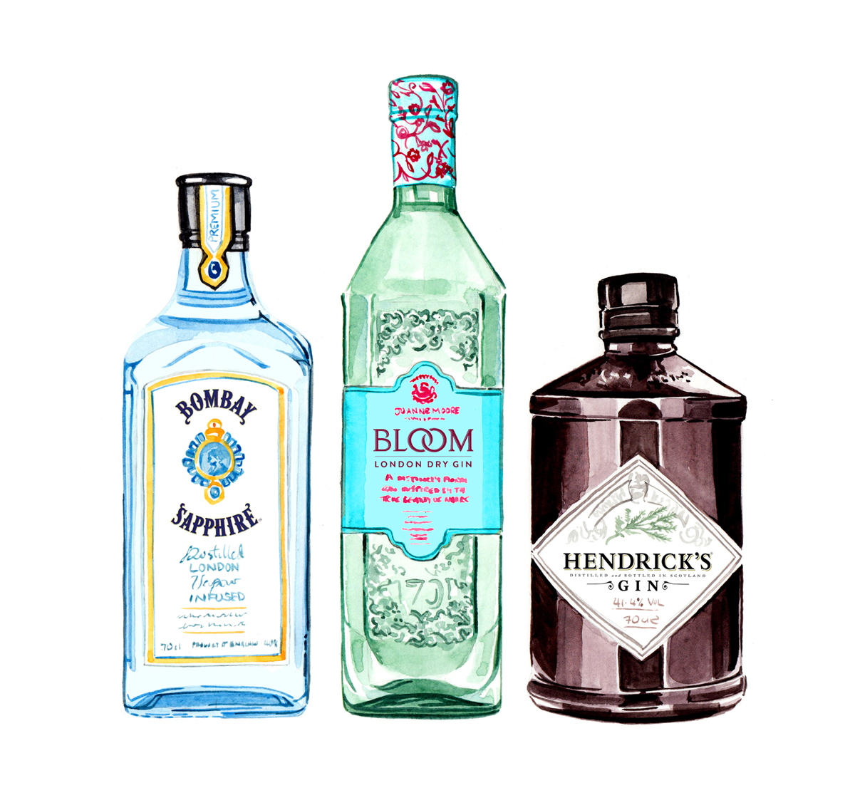 Willa Gebbie watercolour food and drink illustration; gin bottles for Waitrose magazine