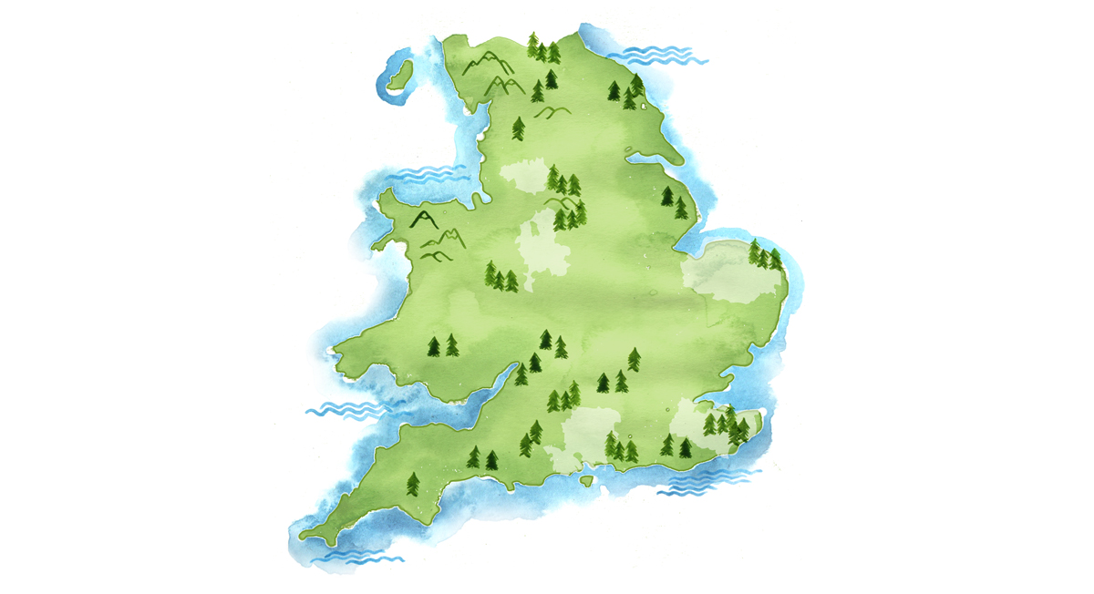 Watercolour UK map illustration by Willa Gebbie