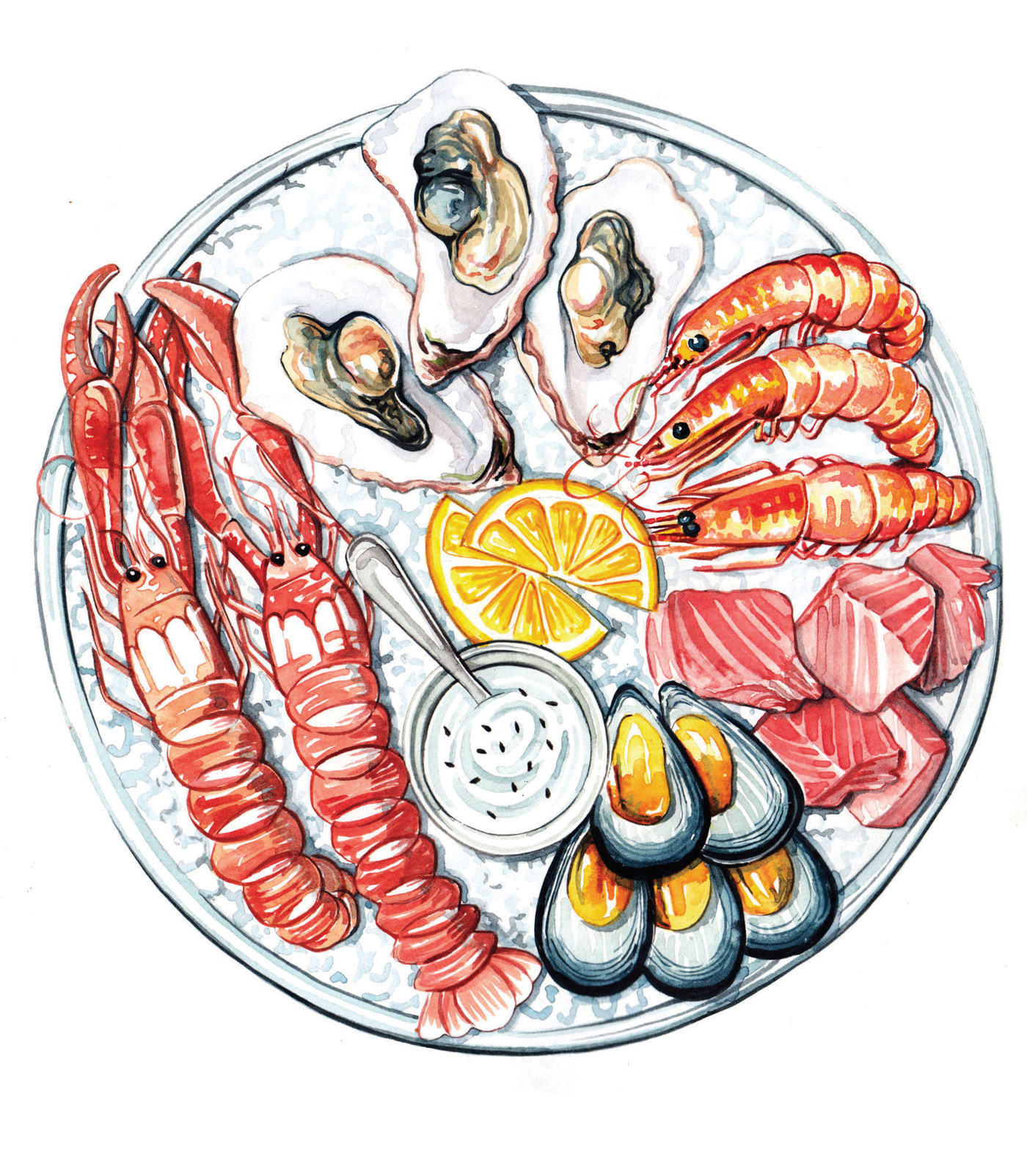 watercolour food illustrations seafood platter plate