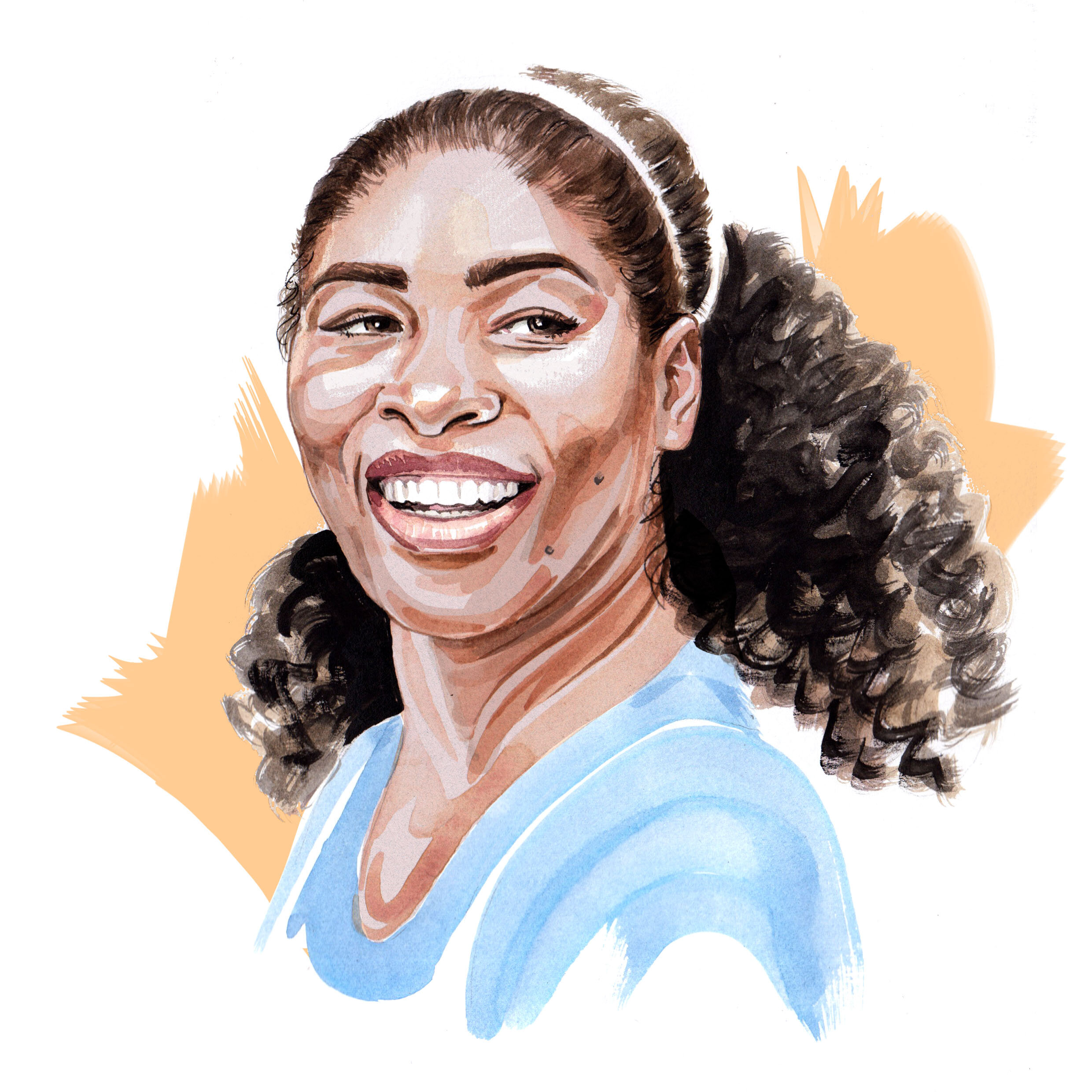 Watercolour portrait illustration Serena Williams by illustrator, Willa Gebbie