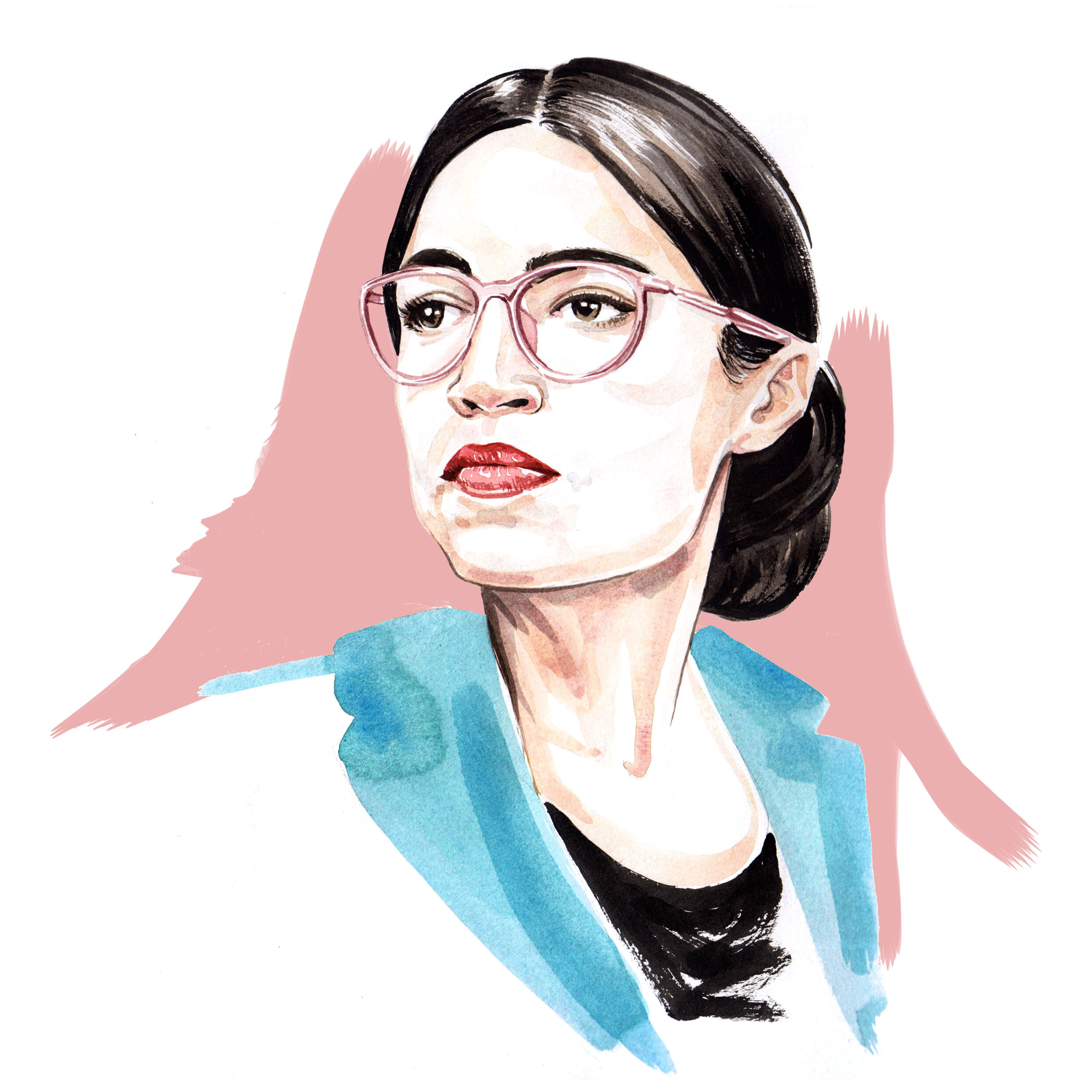 Watercolour portrait illustration Alexandria Ocasio-Cortez by illustrator, Willa Gebbie