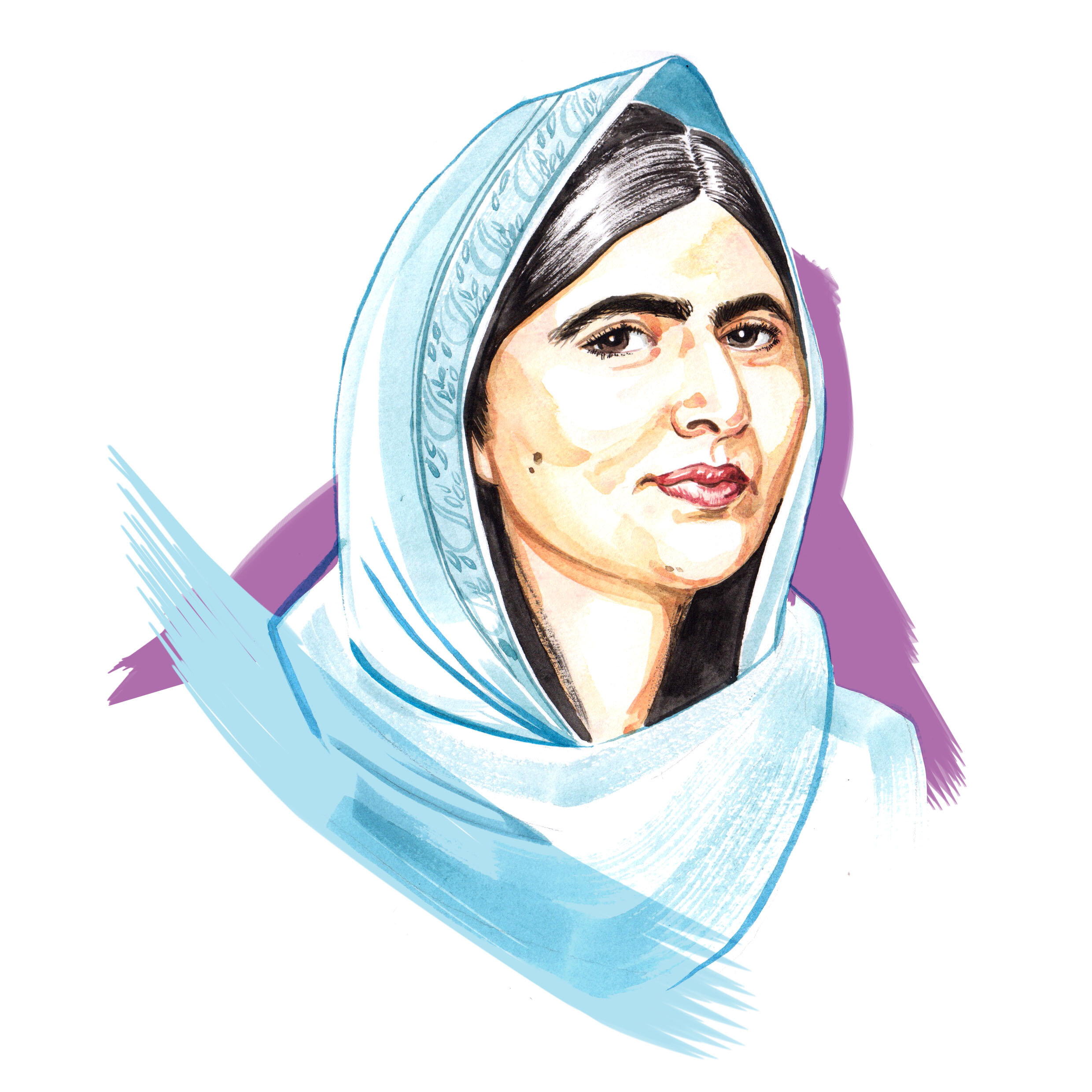 Watercolour portrait illustration Malala Yousafzai by illustrator, Willa Gebbie