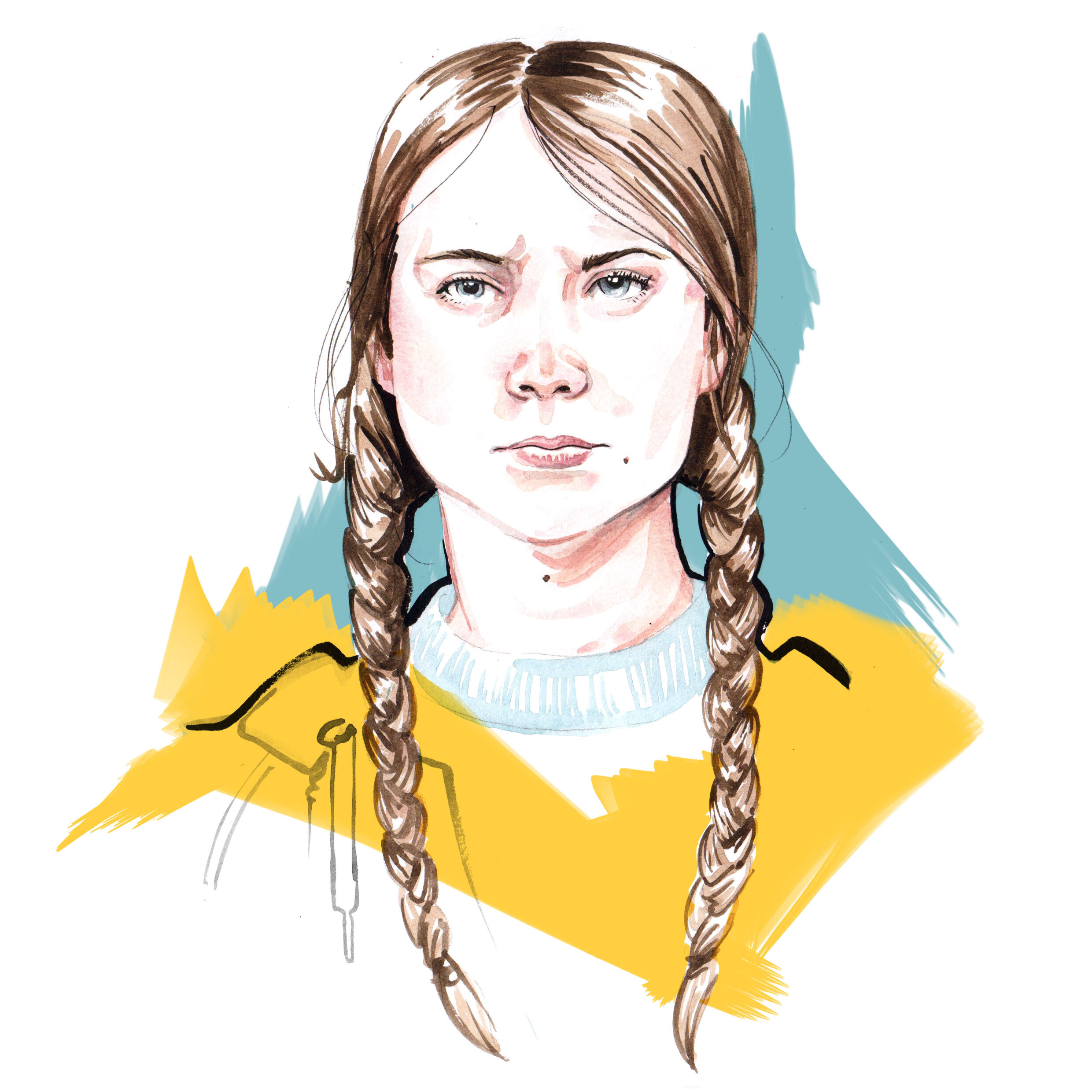 Watercolour portrait illustration Greta Thunberg by illustrator, Willa Gebbie
