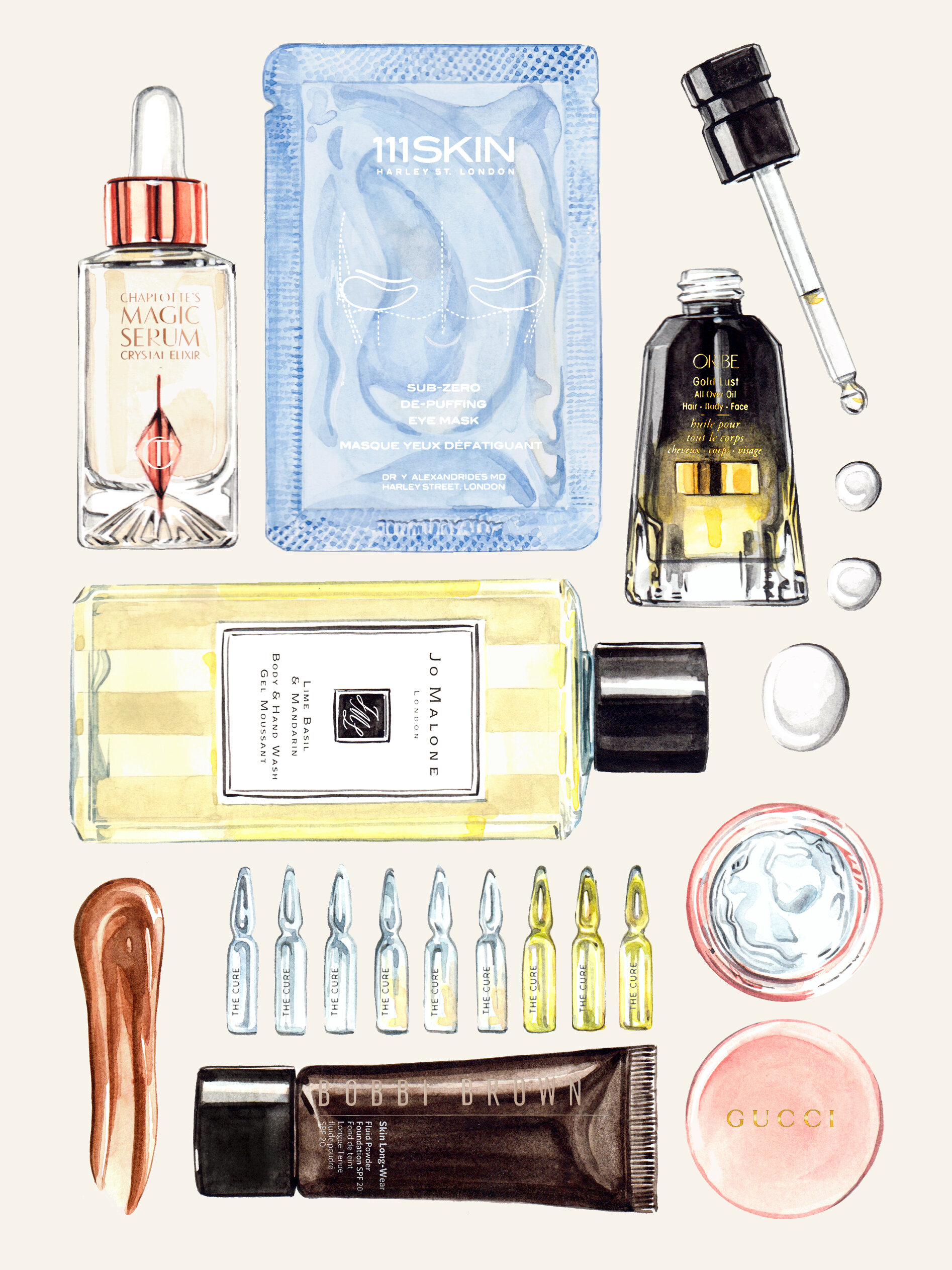 Willa Gebbie illustration watercolour beauty products Porter magazine