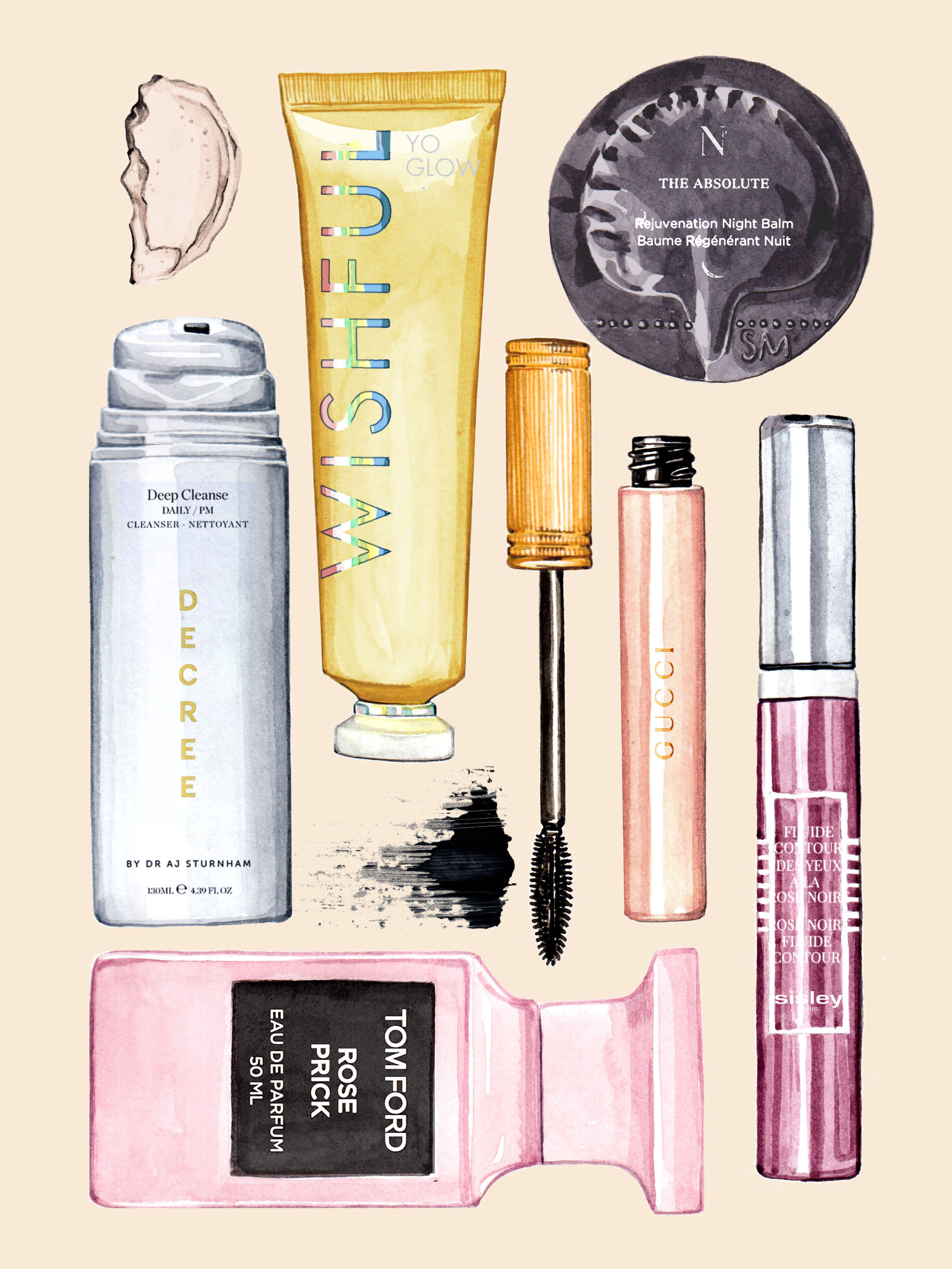 Willa Gebbie illustration watercolour beauty products Porter magazine