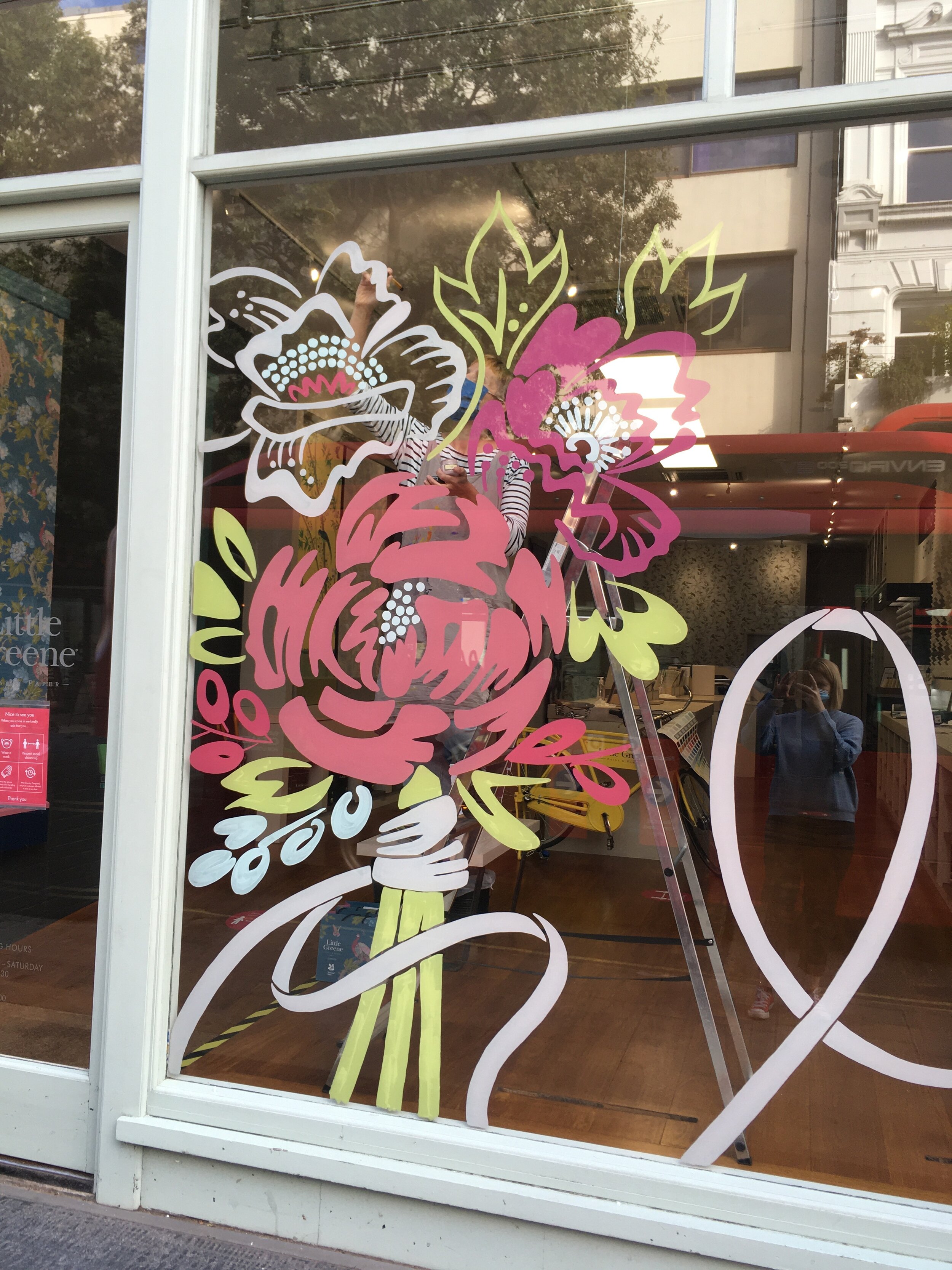 Window painting illustration hand painted for Little Greene London by Willa Gebbie