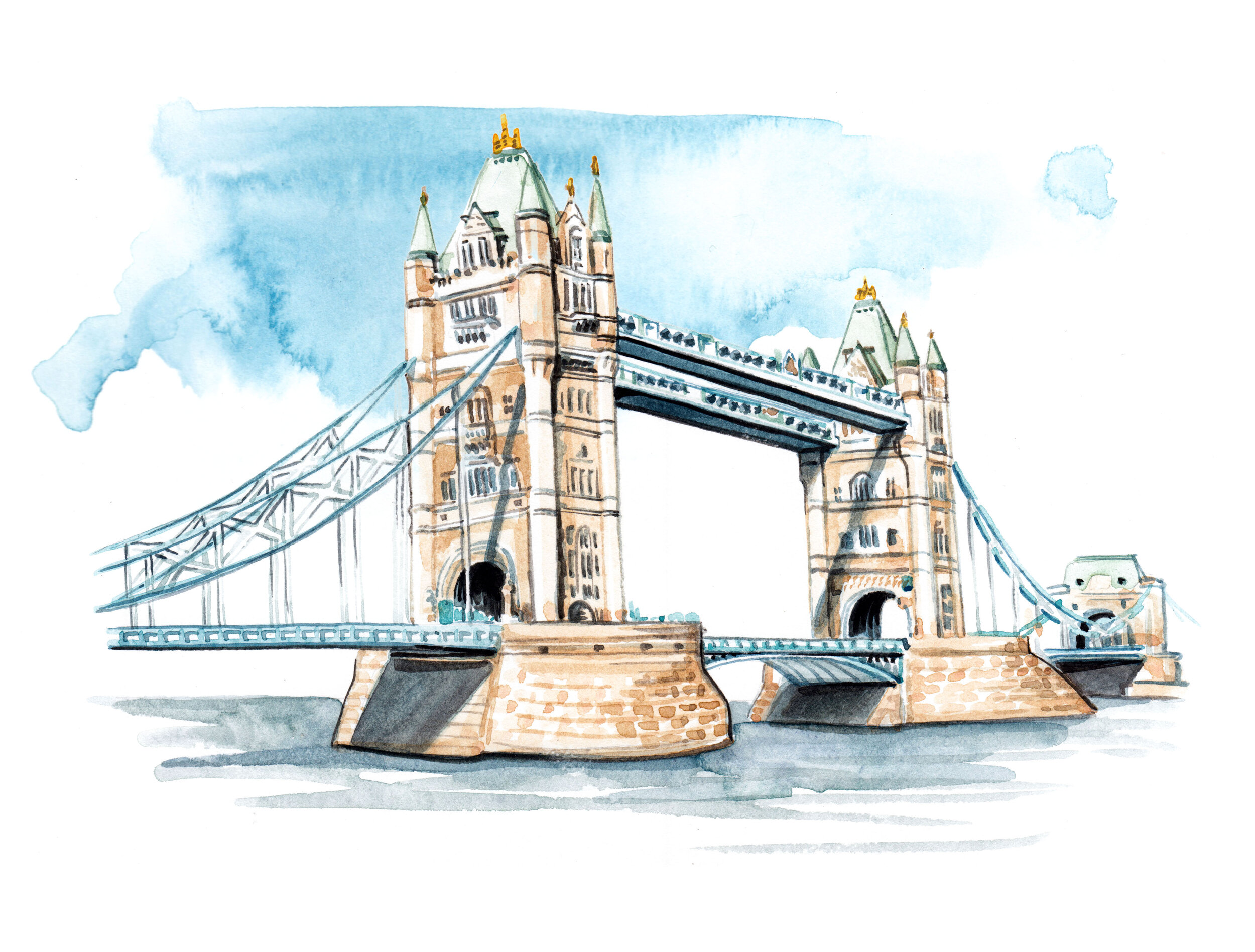 London Bridge landscape watercolour illustration by illustrator, Willa Gebbie