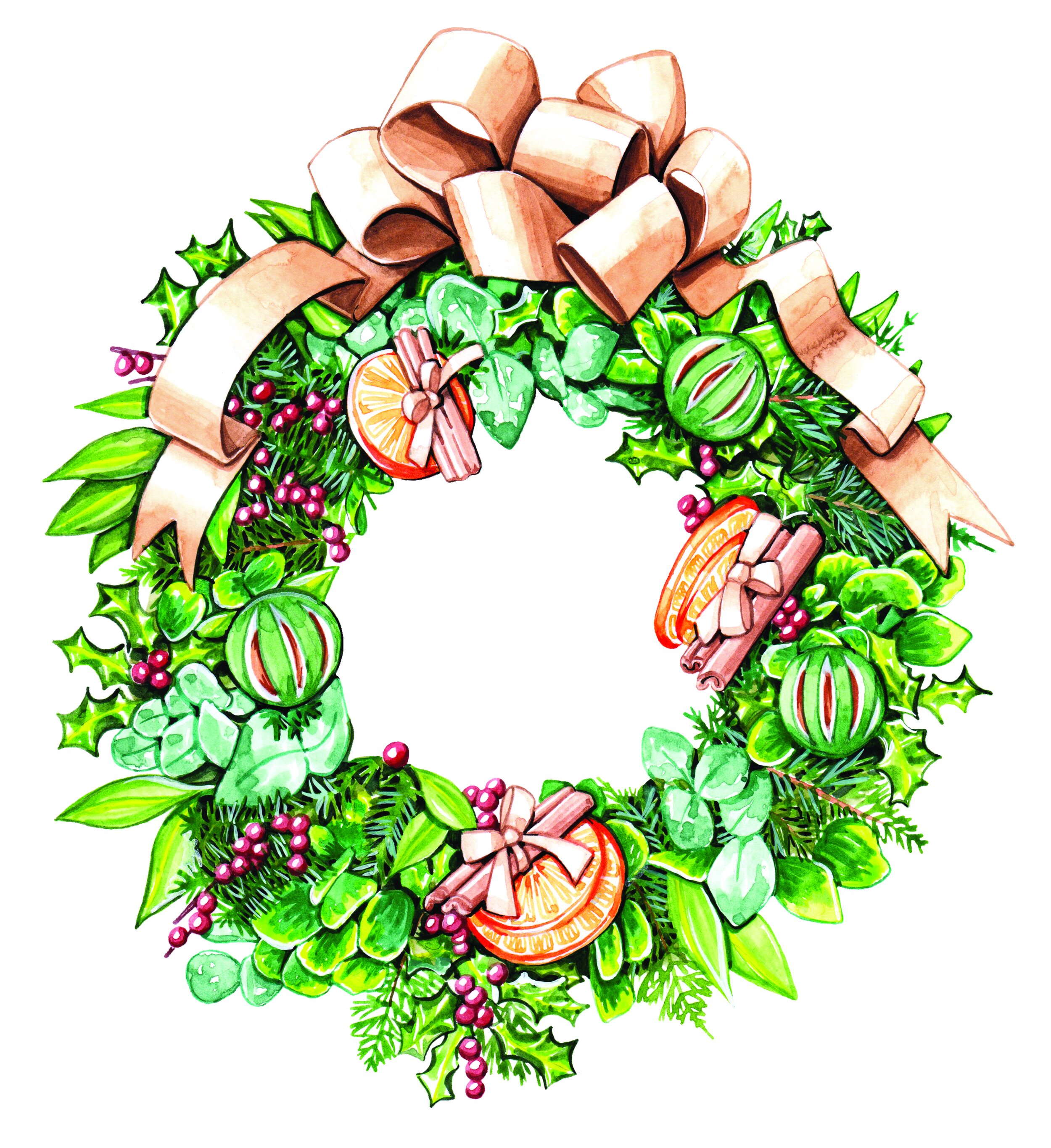 christmas wreath watercolour illustration by illustrator, Willa Gebbie