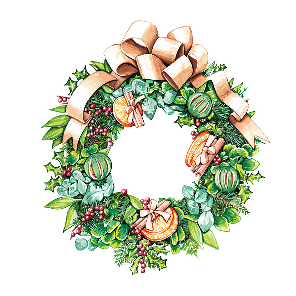 christmas wreath watercolour illustration by illustrator, Willa Gebbie
