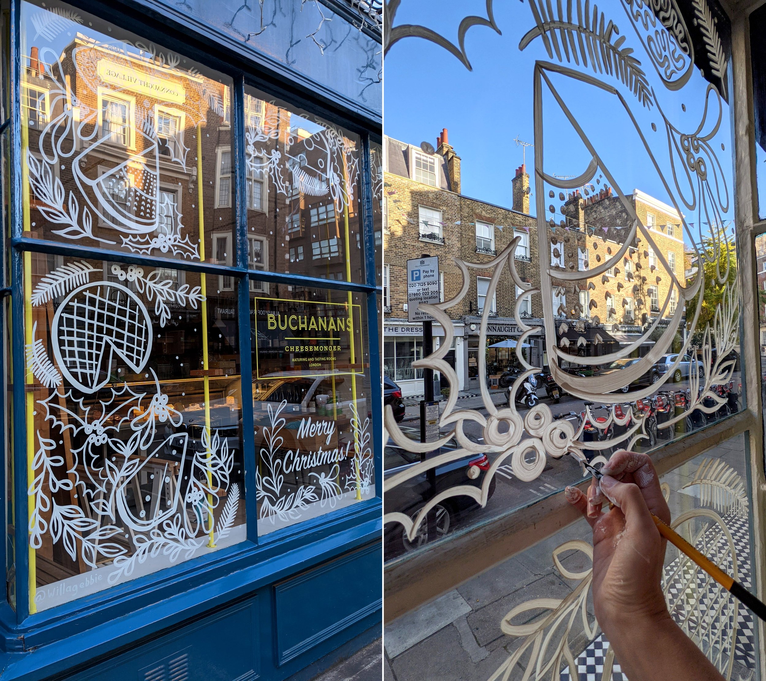 Christmas window painting London by Willa Gebbie