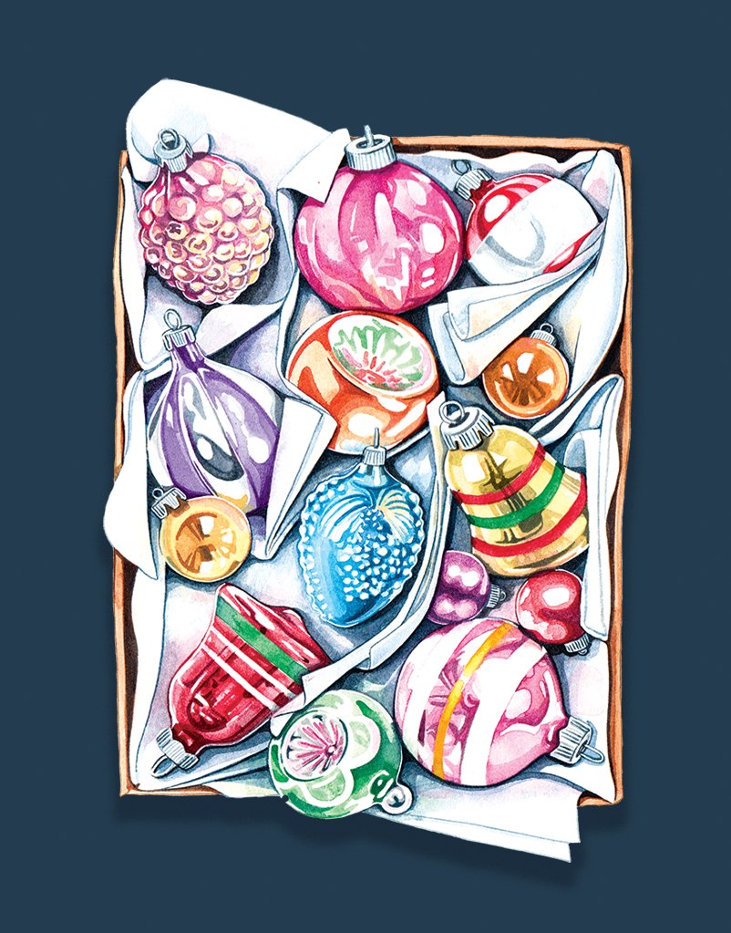 Christmas baubles - Still life illustration in watercolour by Willa Gebbie