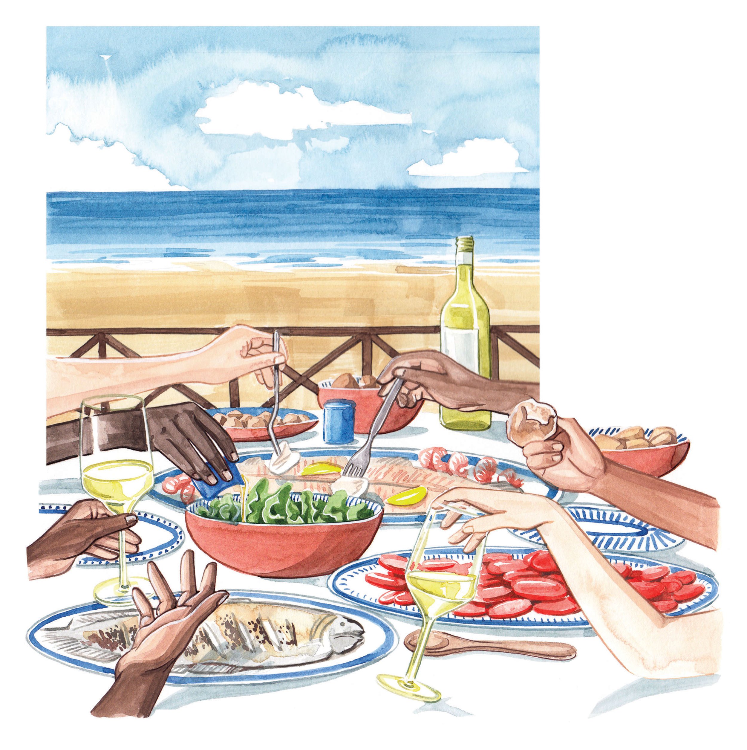 al fresco dining watercolour illustration by Willa Gebbie