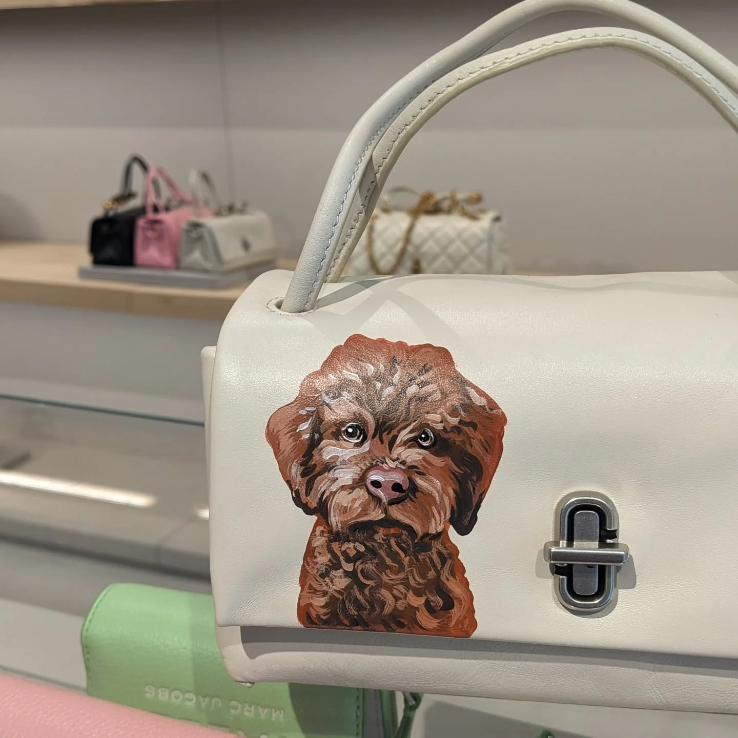 A quick look at some of my pet portraits for @marcjacobs #barkjacobs.over the last few weeks. Including a few pics sent by pleased customers. Each bag was hand-painted in-store from photograph in 30 minutes using Angelus leather paint. 
Honestly I'm