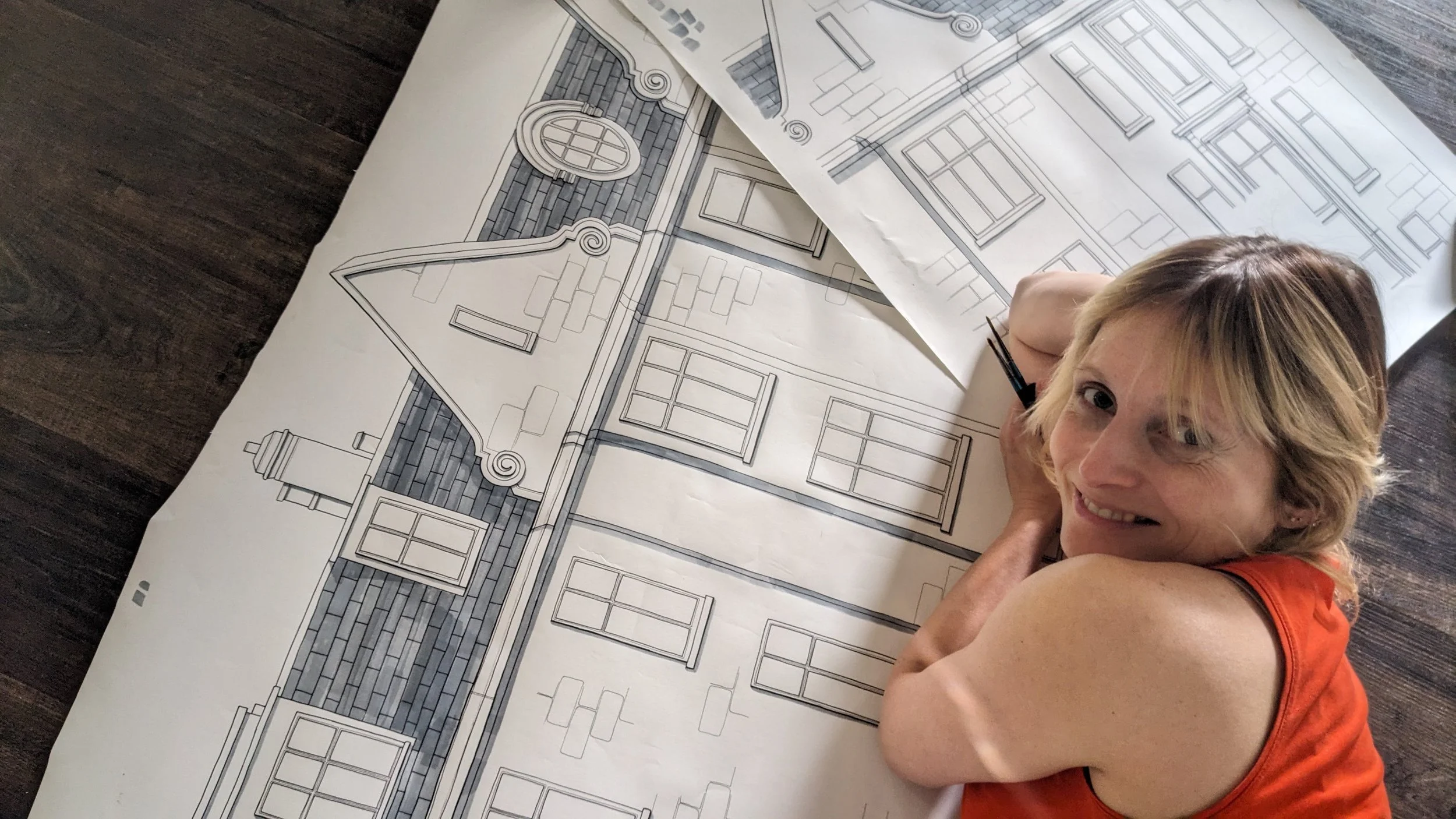 Me drawing the artwork for 1 Marylebone High Street hoarding artwork