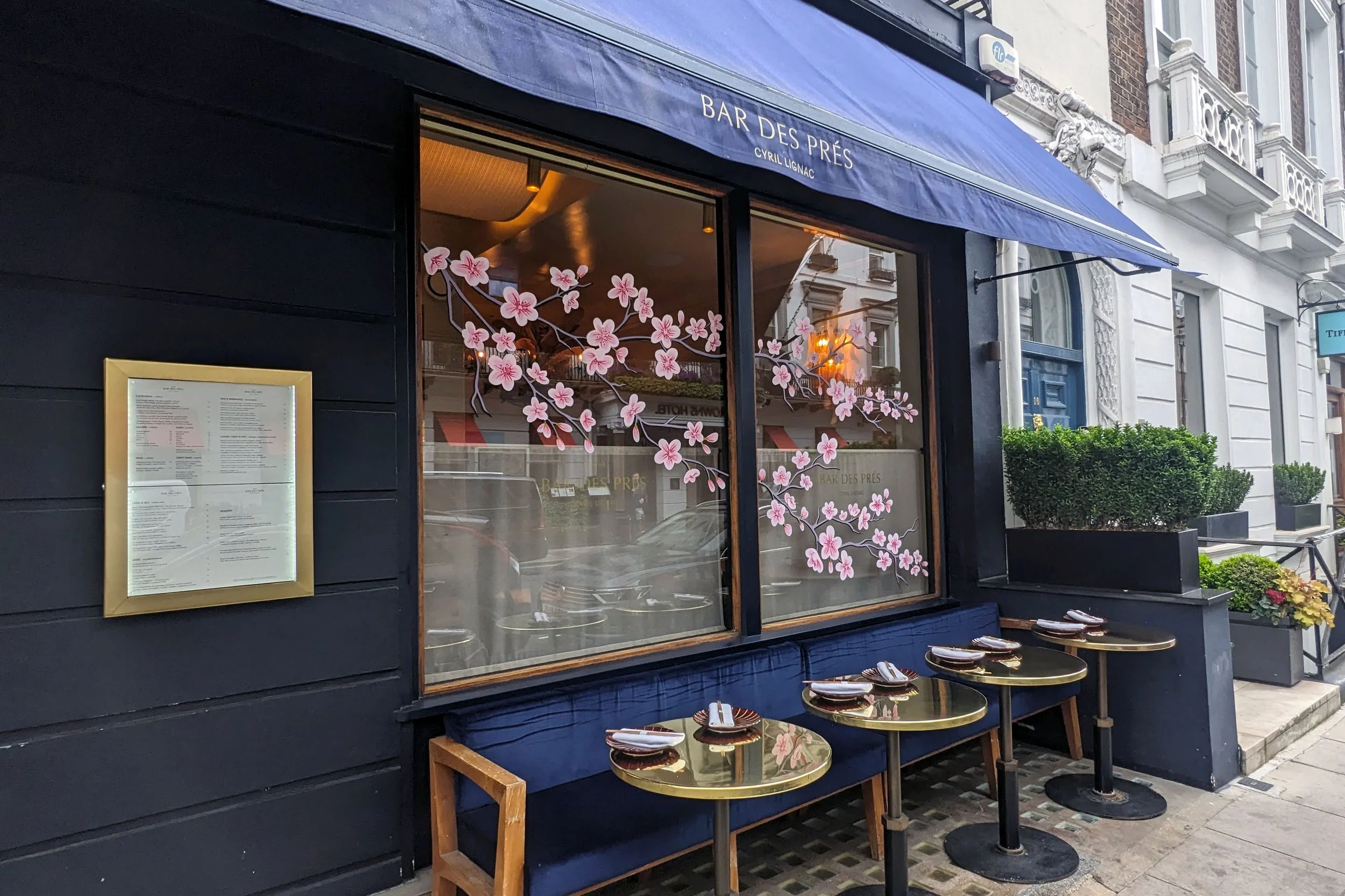 Hand-Painted Blossom Window for Bar Des Prés, Mayfair | London Window Painting