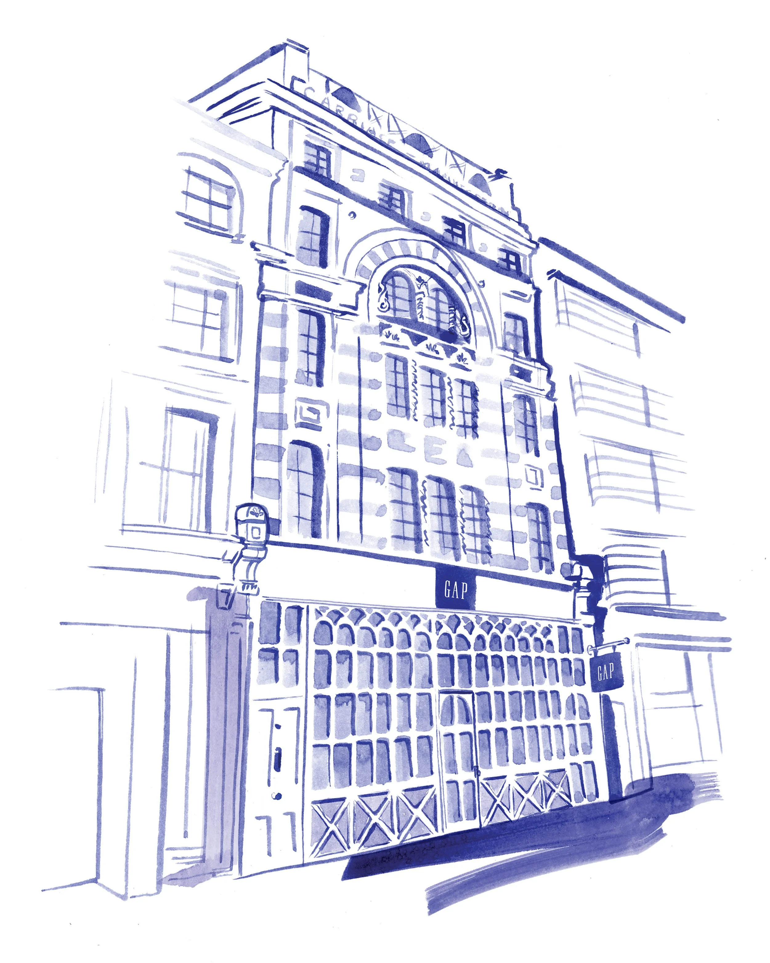 Hand-drawn architectural illustration of GAP’s Covent Garden flagship store, created for use across merchandise and marketing.