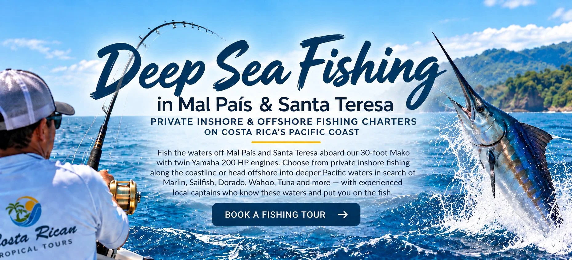 A man fishing on a boat in the ocean with a large marlin fish leaping out of the water and a scenic coastline in the background, promoting deep sea fishing tours in Costa Rica. Secret Surf Spots Costa Rica
Whale Watching Mal País
Whale Watching Santa