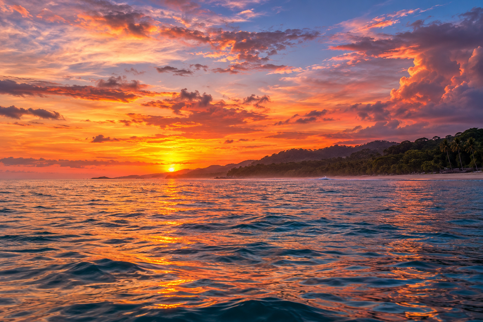 Sunset over the ocean with colorful clouds and a distant shoreline with trees Costa Rican Tropical Tours Captain Sunset Tour Beautiful Tour
