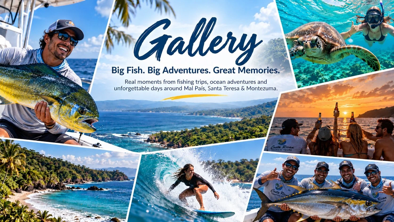 Collage of outdoor adventure scenes including fishing, snorkeling with a sea turtle, surfing, beach, and group of people celebrating sunset on the beach. Overlaid text: 'Gallery. Big Fish. Big Adventures. Great Memories.'