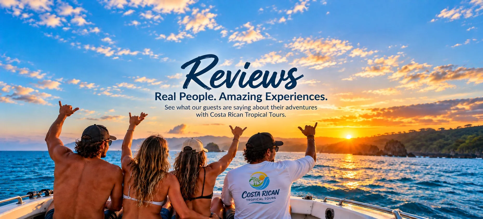 A group of people on a boat at sunset in Costa Rica, with ocean and hilly coastline in the background, and the sun setting over the horizon. Boat Cruise Boat Tour Private Charter