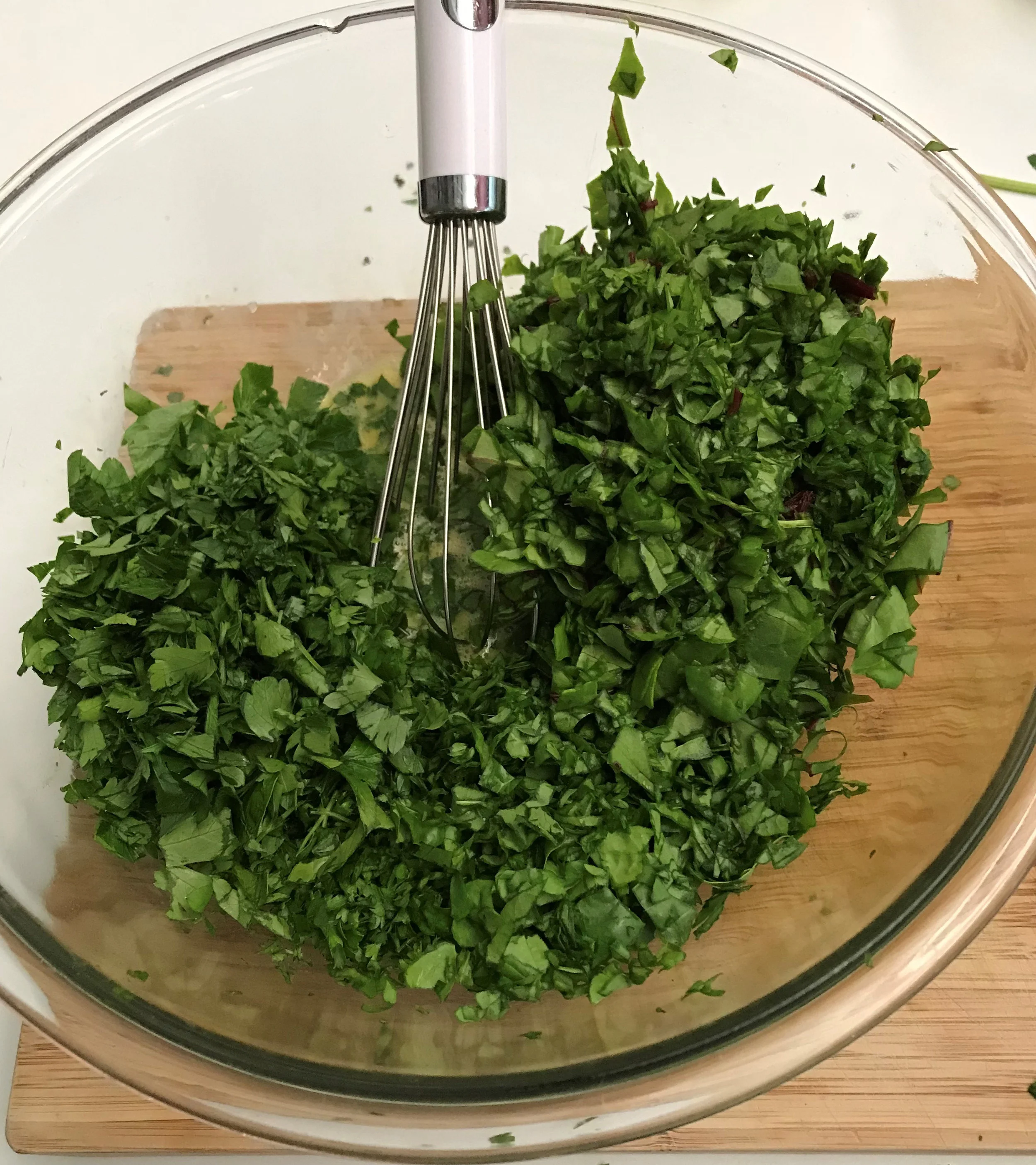 Chop the greens up small (after removing the stems if desired) 