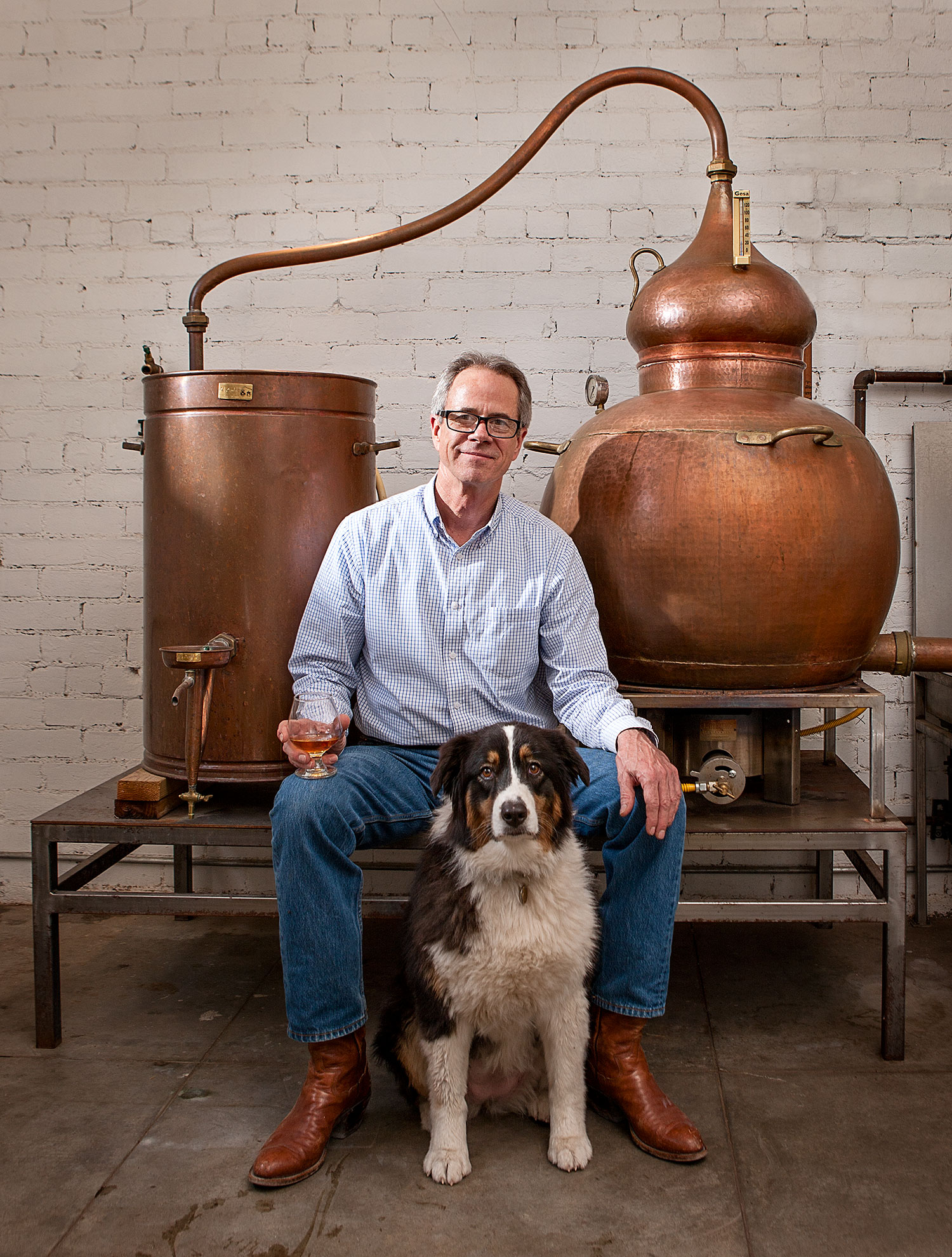 Man and dog with vintage still environmental portrait