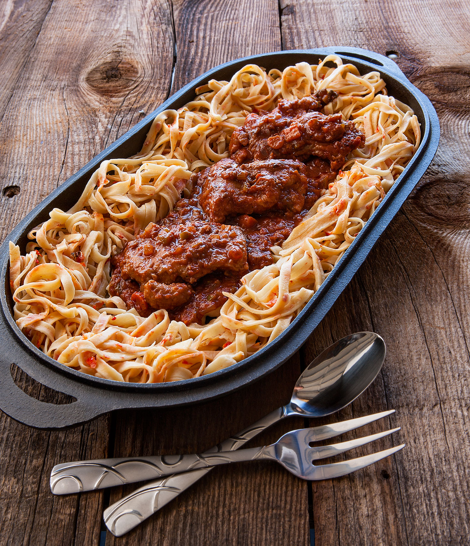 Pasta in iron skillet