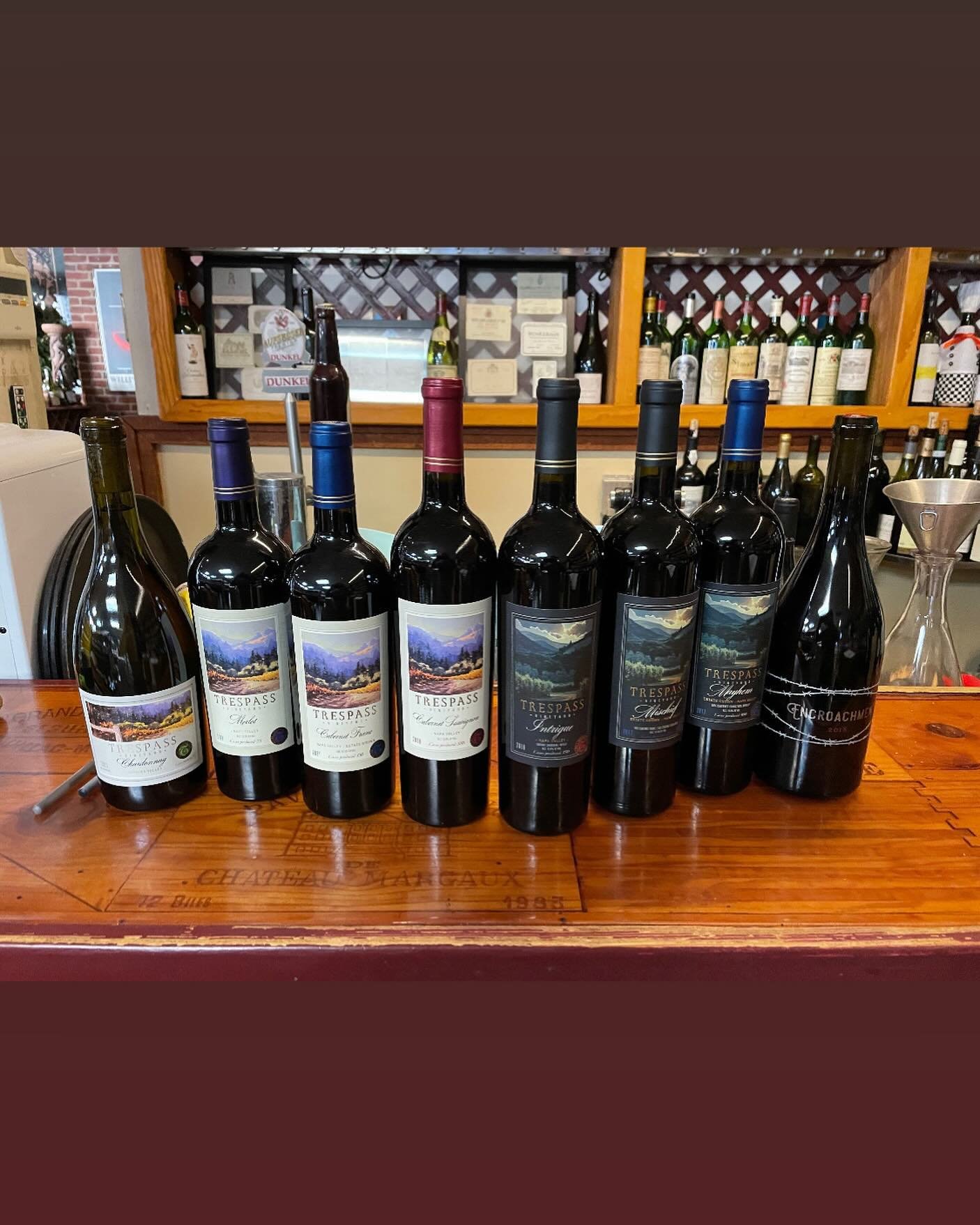 Our incredible Lineup of Trespass Winery&rsquo;s Portfolio for this Wednesday night December 4th With Fried Oyster Appetizer, Moularx Duck breast and Oregon Leg of Lamb Medallions. With owner Donny Gallagher