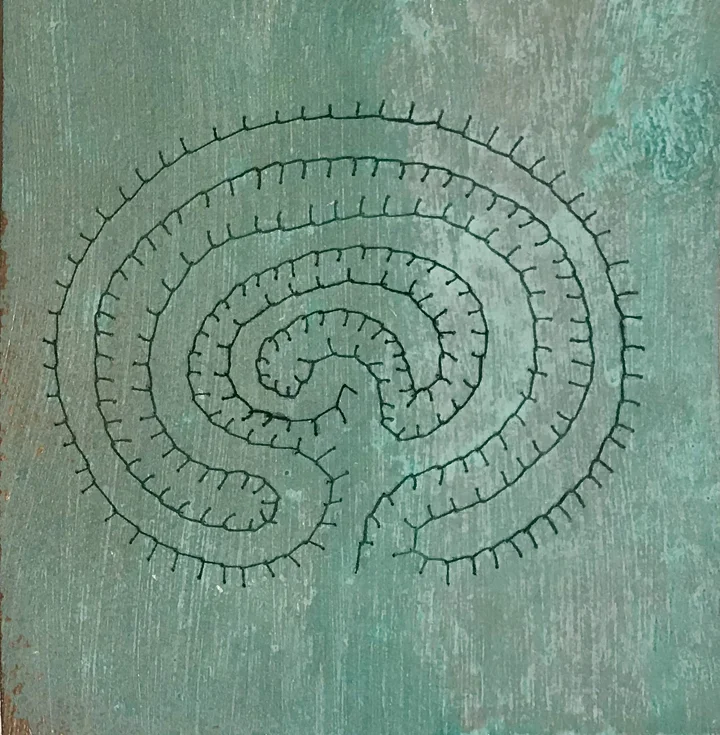 Labyrinth , paper, thread, copper paint, patina, 2019, 5 x 5”