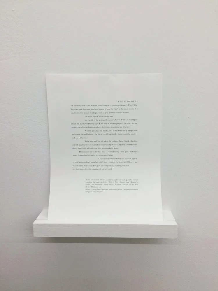 Installation view of text work for Lockport Wave, 2017 by Kristina Banera.