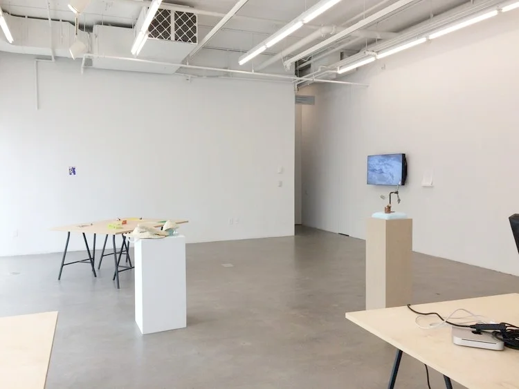 Installation view of works created during the Plug In ICA Summer Institute with Chris Kraus 2017. Shown: Kristina Banera (back right), Fabiola Carranza (back left), Chloë Lum (centre left), and Maegan Hill-Carroll (centre right).