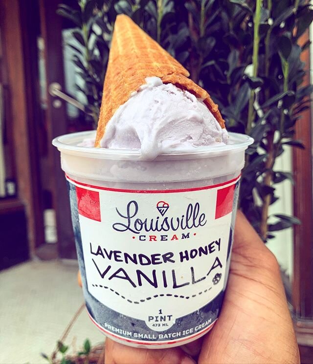 Lavender Honey Vanilla is scented with lavender, so each bite swells on your tastebuds with a slightly floral smell undercut by vanilla notes. Perfect w/ our fresh made waffle cones. Order both Curbside at 502-882-1516. Scooping it 12-7pm. #keepitcre