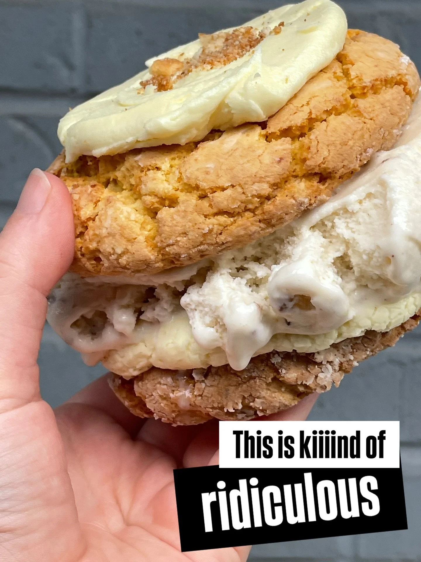 Come check this stupid big ice cream sandwich made with Banana Pudding cookies and our Grape Nuts cereal ice cream #keepitcreamy