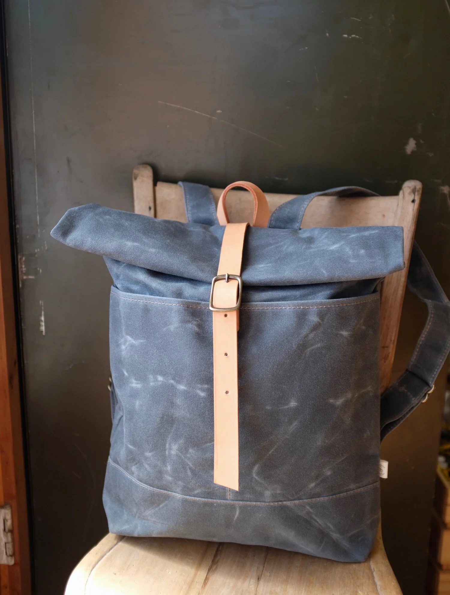 Canvas and Leather Roll-Top Backpack - Gray and Tan Waxed Canvas Vintage Roll Top Backpack 18L - Lightweight  main image 3
