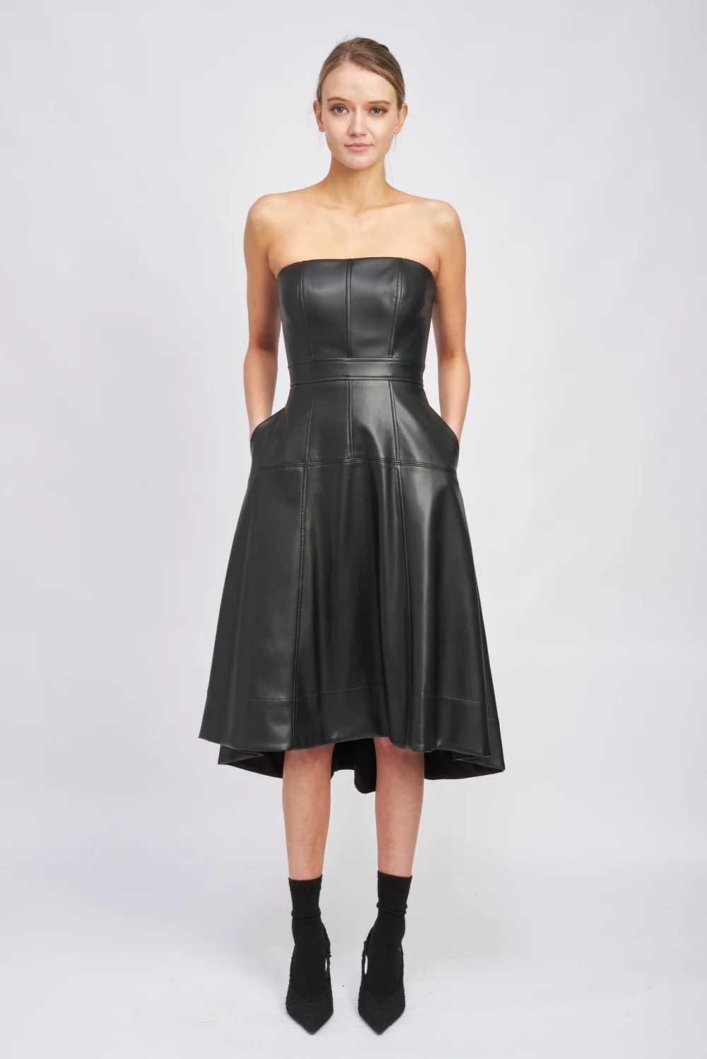 knee length dresses for ladies Bebe Women's Laux Leather Bustier Midi Dress main image 1