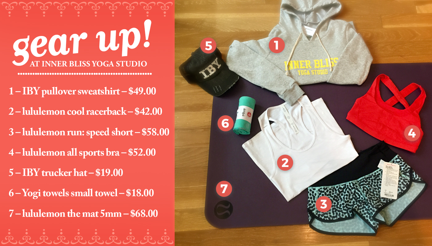 1 – IBY pullover sweatshirt – $49.00 2 – lululemon cool racerback – $42.00 3 – lululemon run: speed short – $58.00 4 – lululemon all sports bra – $52.00 5 – IBY trucker hat – $19.00 6 – Yogi towels small towel – $18.00 7 – lululemon the mat 5mm – $68.00