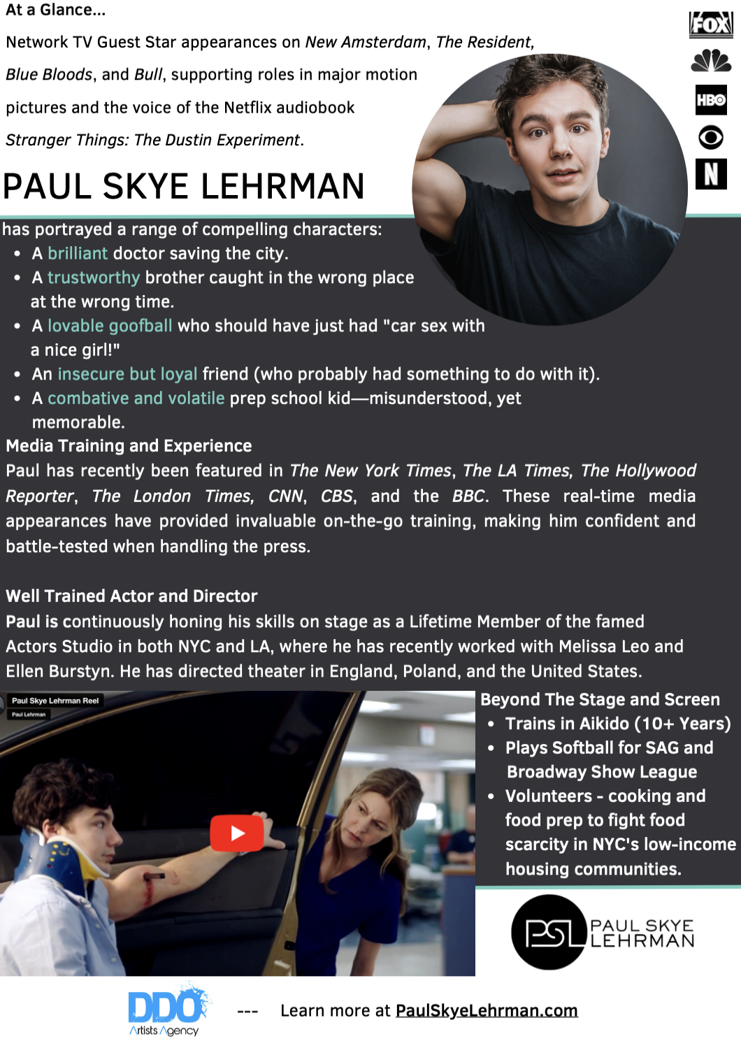 Paul Skye Lehrman SAG-AFTRA actor headshot and one pager highlighting guest star roles on New Amsterdam, The Resident, Blue Bloods and Bull, major press coverage, and professional acting reel.