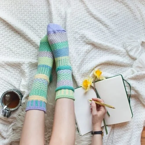 Chick-a-dee , northern sun, sunny, purple rain, &amp; gemstone are the names of our current @solmatesocks haul. Pop into our website under clothing/socks &amp; grab a pair of two ! 
.
.
.
.
.
#recycledcotton #madeintheusa #shophandmade #givehandmade 