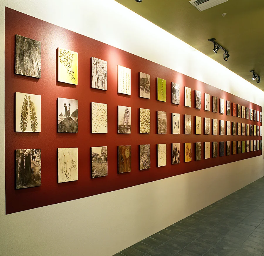 Coast Valley Cascade is a work created through the conversation of 53 small paintings. It was commissioned as a percent for art and is installed at Crescent Village in Eugene, Oregon. The work juxtaposes encaustic paintings with imbedded found objects, archival photographs from the Lane County Historical Society and modern photographs to look at the nature of the area and the impact of humans on our environment.