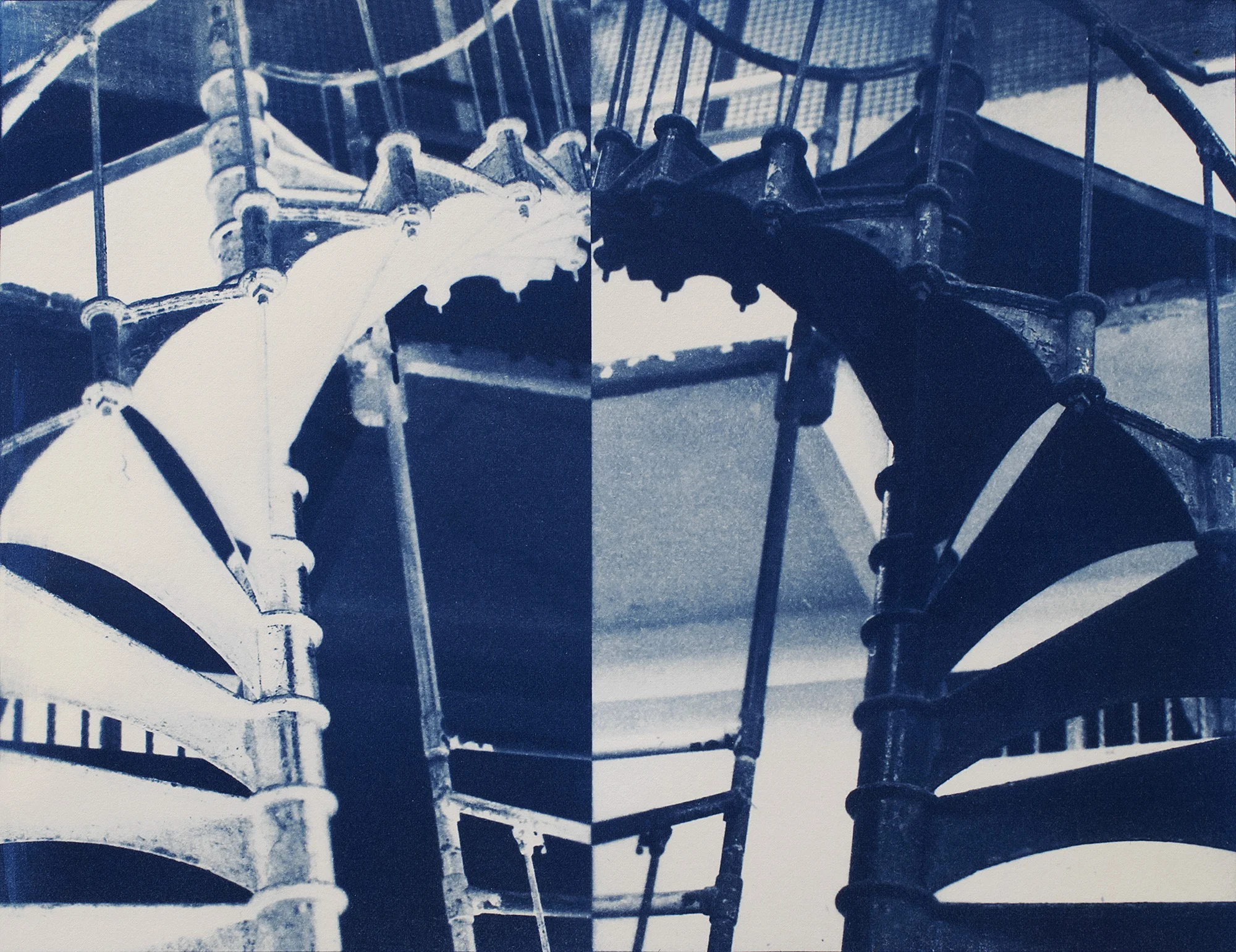  Mirrored Spiral Stair  2016  cyanotype on Arches watercolor paper 