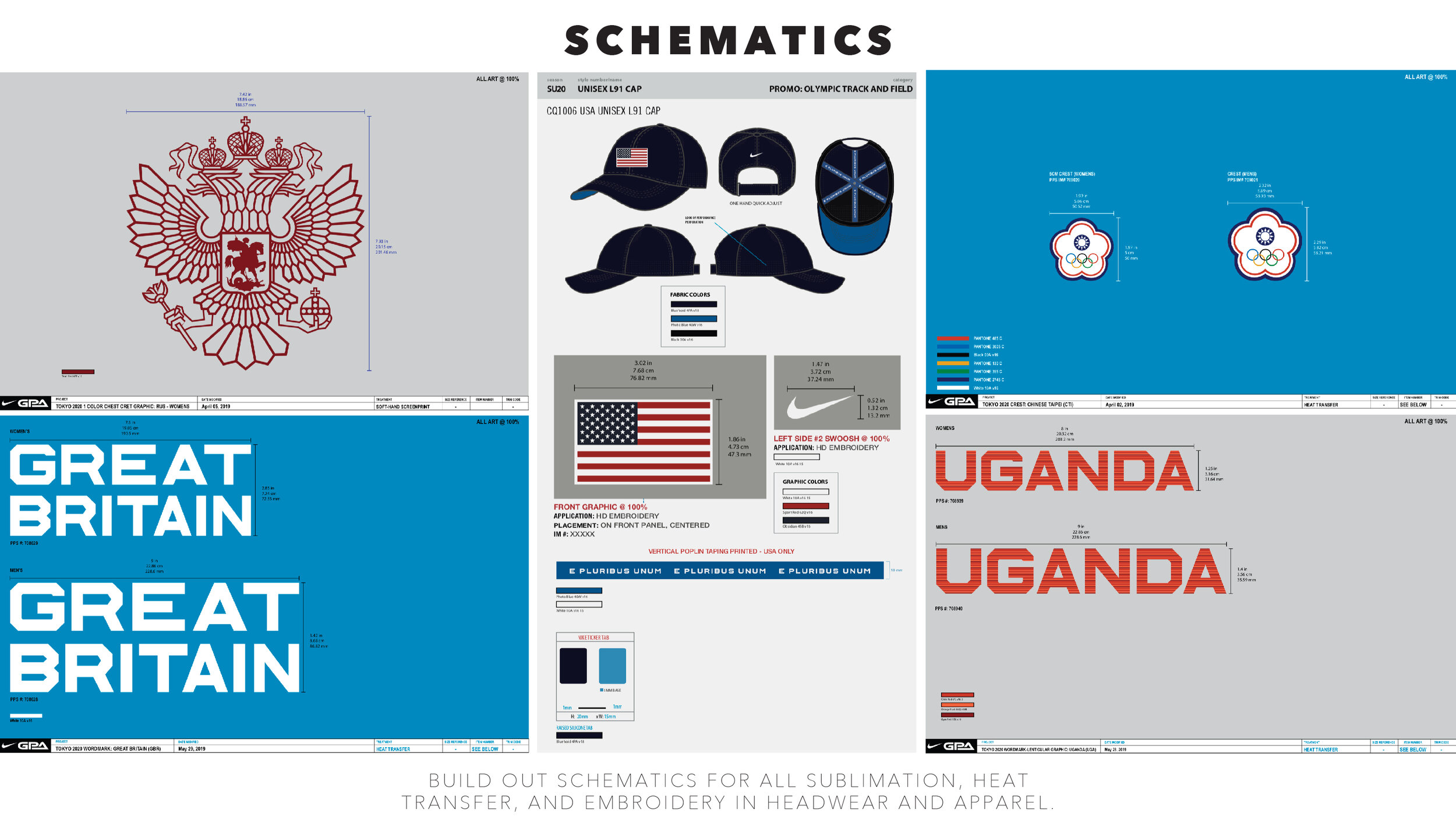 Build out tech packs for all sublimation, heat transfer, and embroidery applications in headwear and apparel.