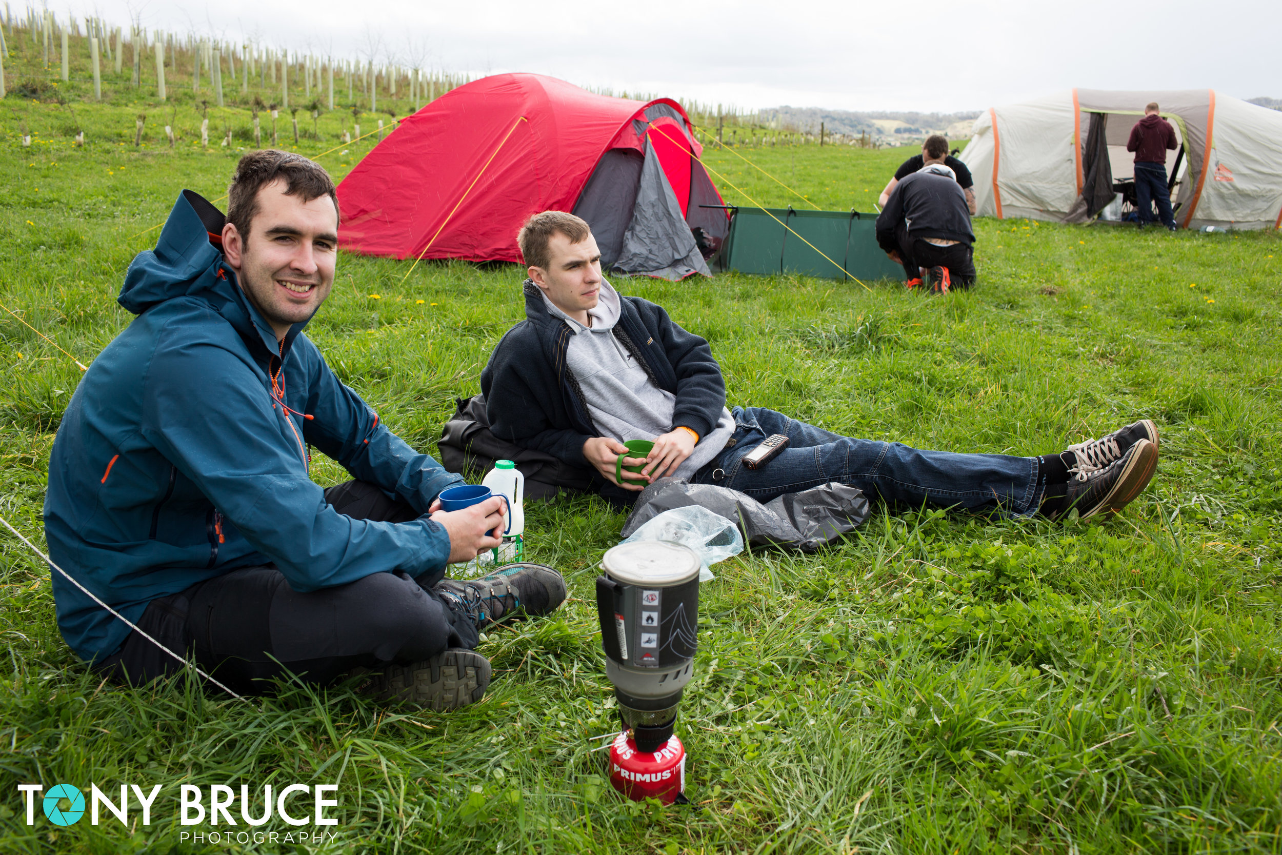 Some competitors having a brew after setting their tents up.