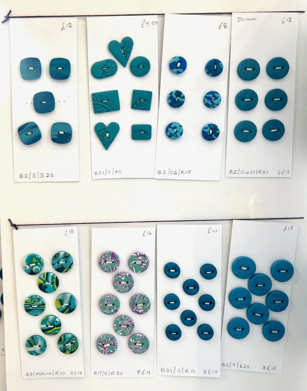 cards of teal polymer clay buttons by Jo Hunter Wearable Art