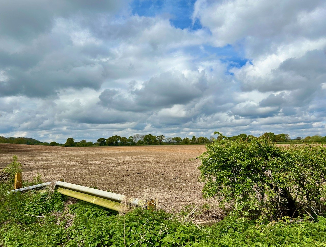 Looking across the field next to the Red Gutter path - with a cloudy sky above