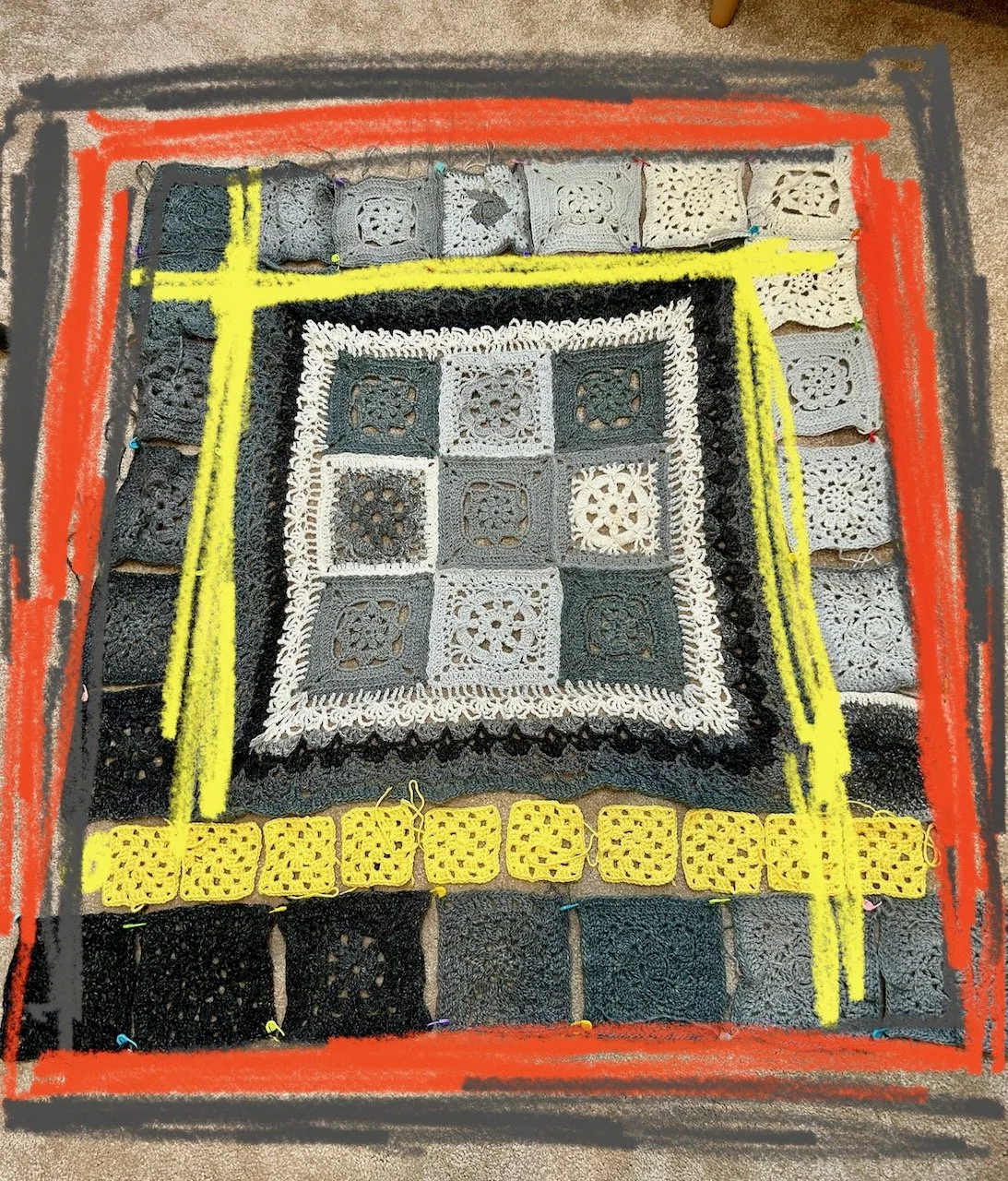 A further mock up with the coloured borders, this one has the yellow borders extending around two of the corner grey squares to fill the gaps