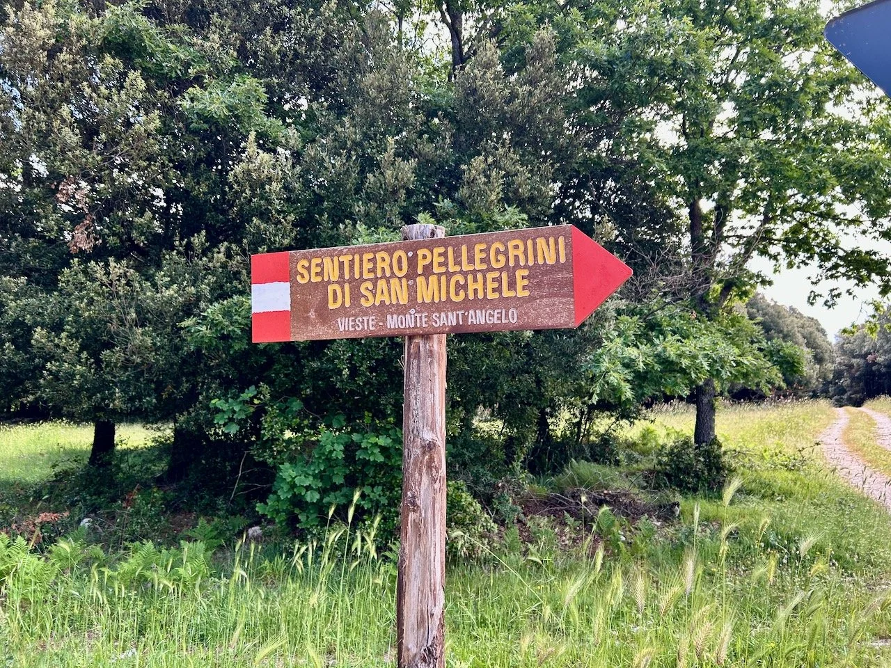 Another wooden sign on the Pilgrim trail, this one is edge with red and white stripes and a red point for the direction