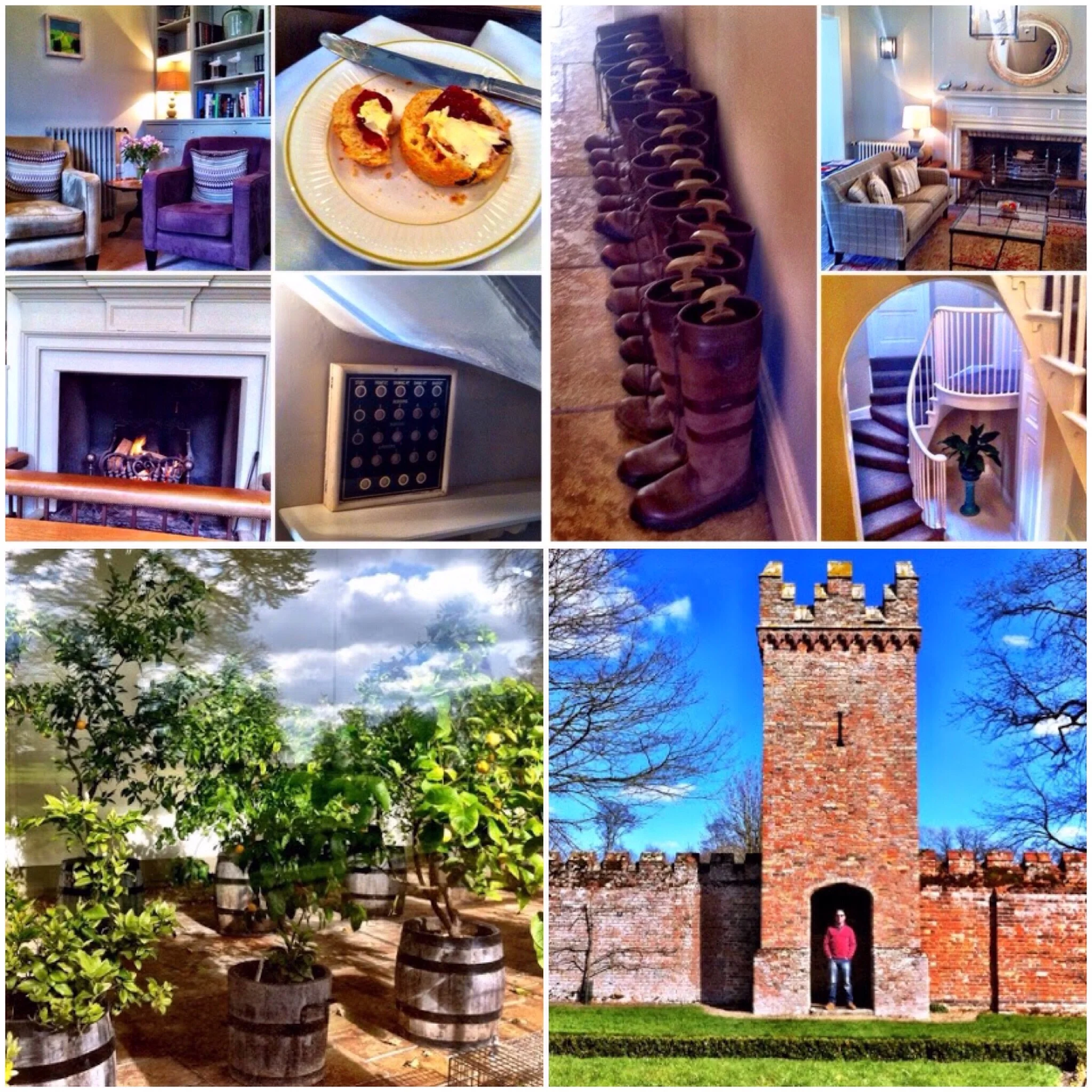 Clockwise: Staying at Congham Hall, Oxburgh Hall and the Orangery at Blickling Estate